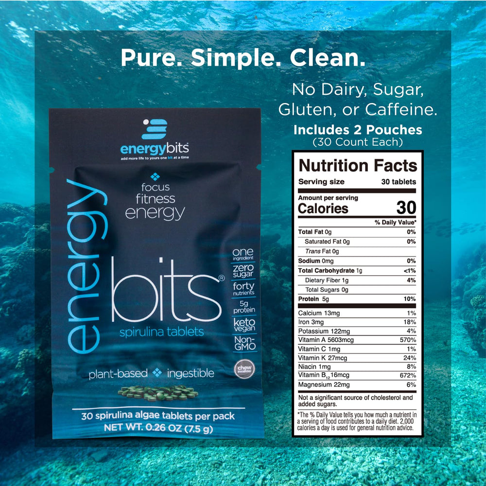 EnergyBits spirulina tablets beside a smoothie as plant-based nutrition option