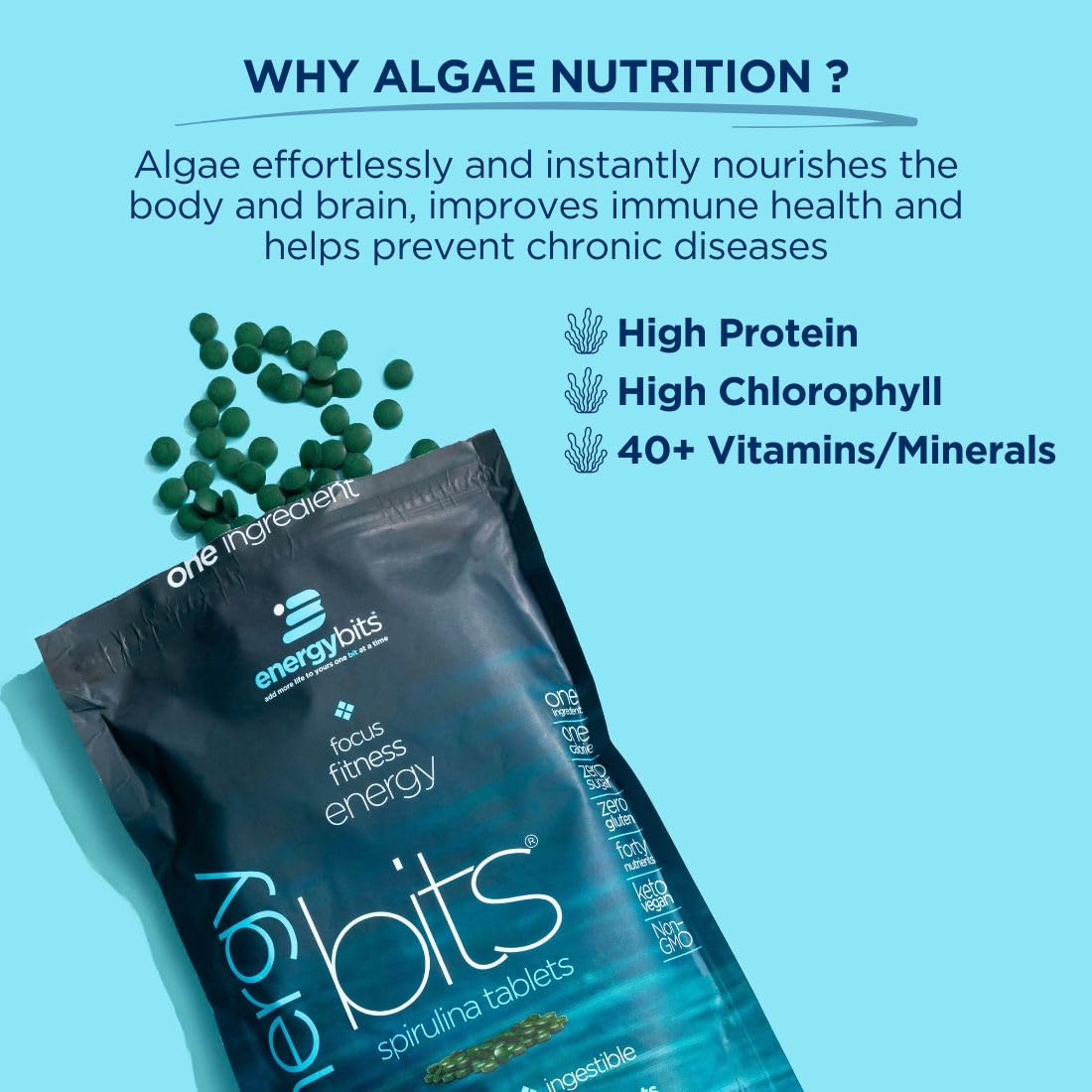 ENERGYBITS spirulina tablets close-up shows texture and purity.