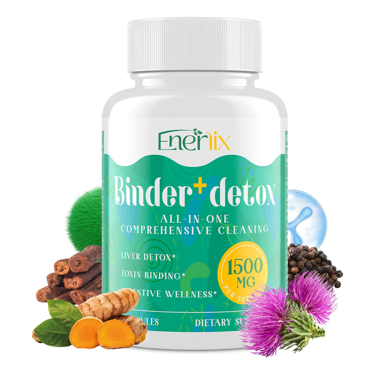 Enerlix 15-in-1 detox binder bottle for convenient daily detox support