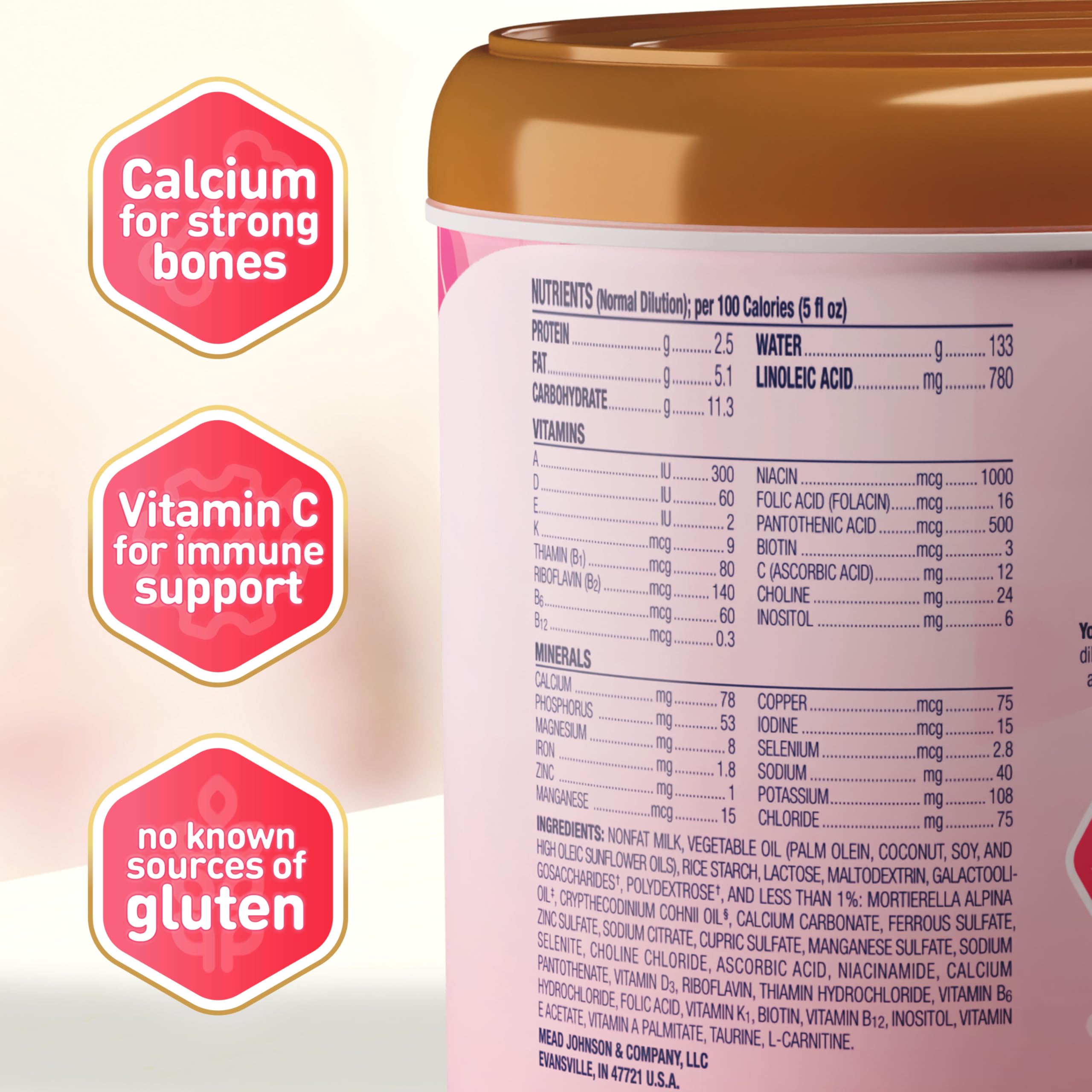 Enfamil A.R. label shows DHA for brain and eye development