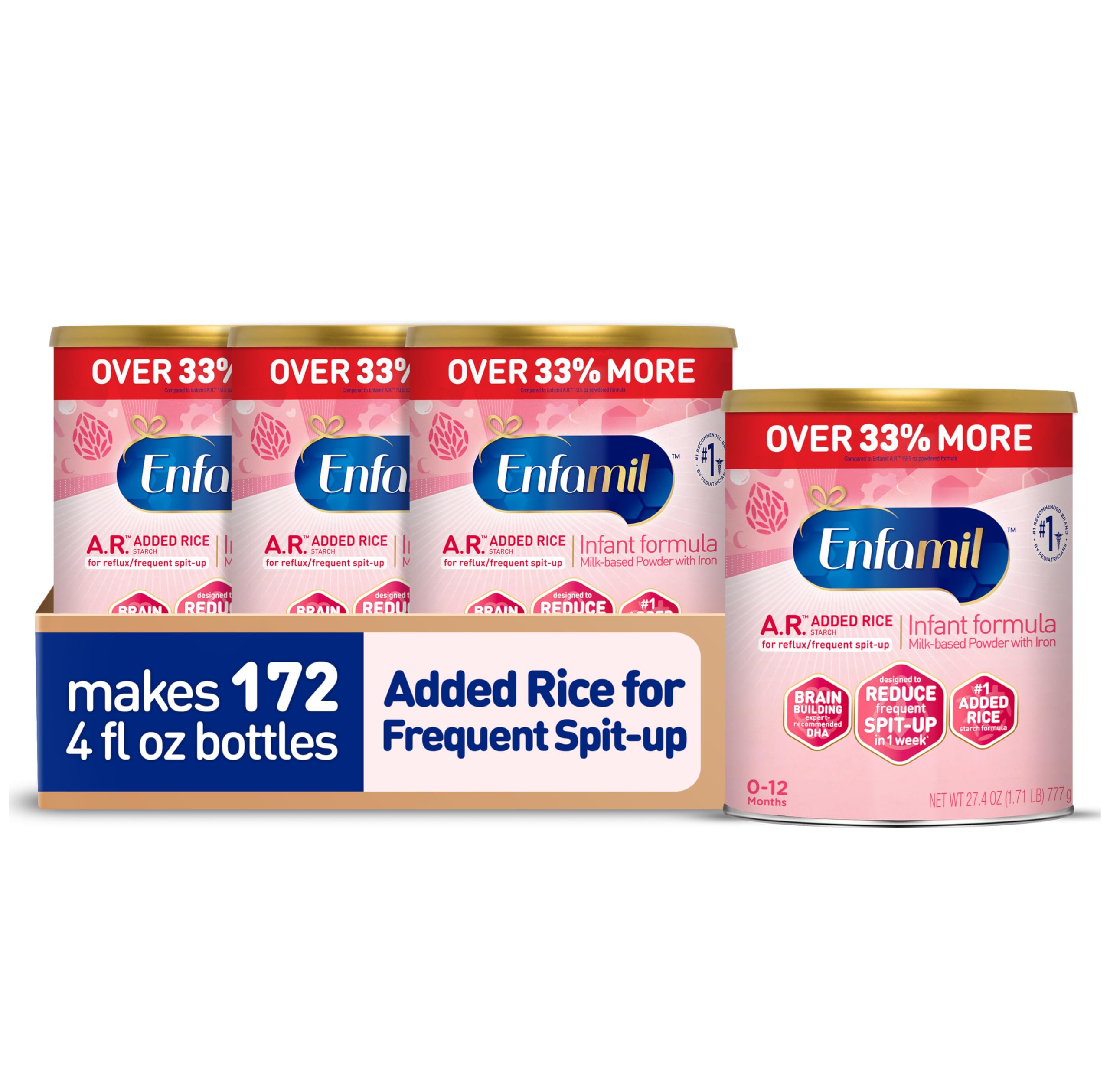 Enfamil A.R. infant formula bottle with rice starch thickening to reduce spit-up