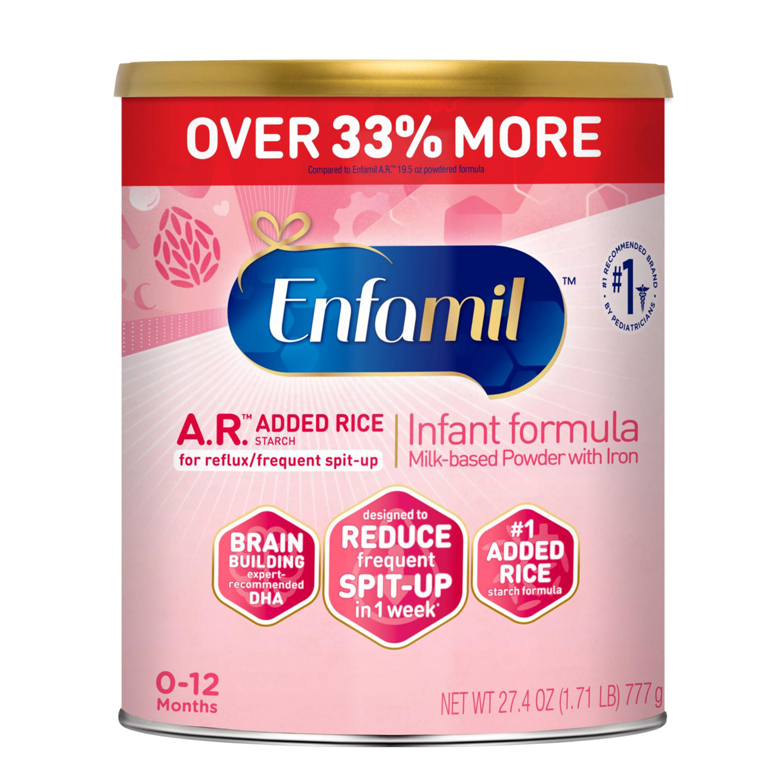 Enfamil A.R. canister front view highlighting rice starch thickened formula for reflux support