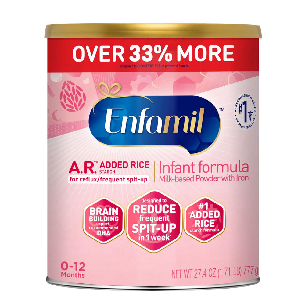 Enfamil A.R. canister front view highlighting rice starch thickened formula for reflux support