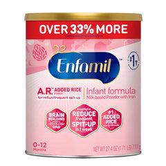 Enfamil A.R. canister front view highlighting rice starch thickened formula for reflux support