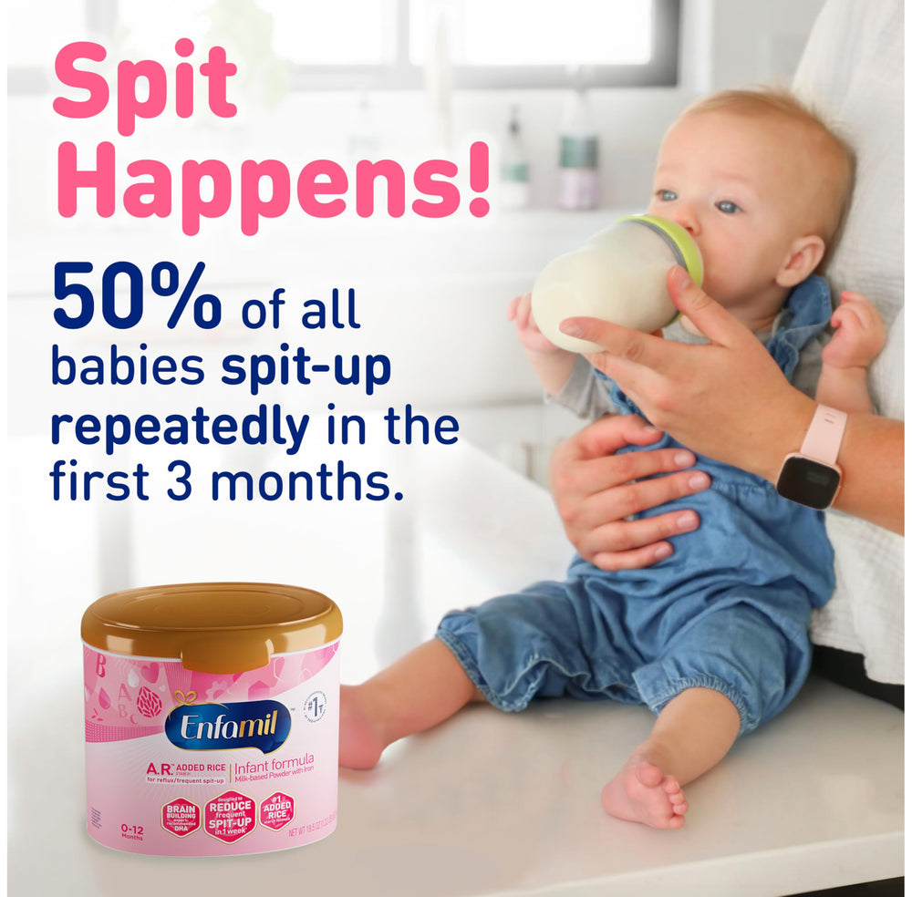 Enfamil A.R. infographic card mentions reduced spit-up in clinical study