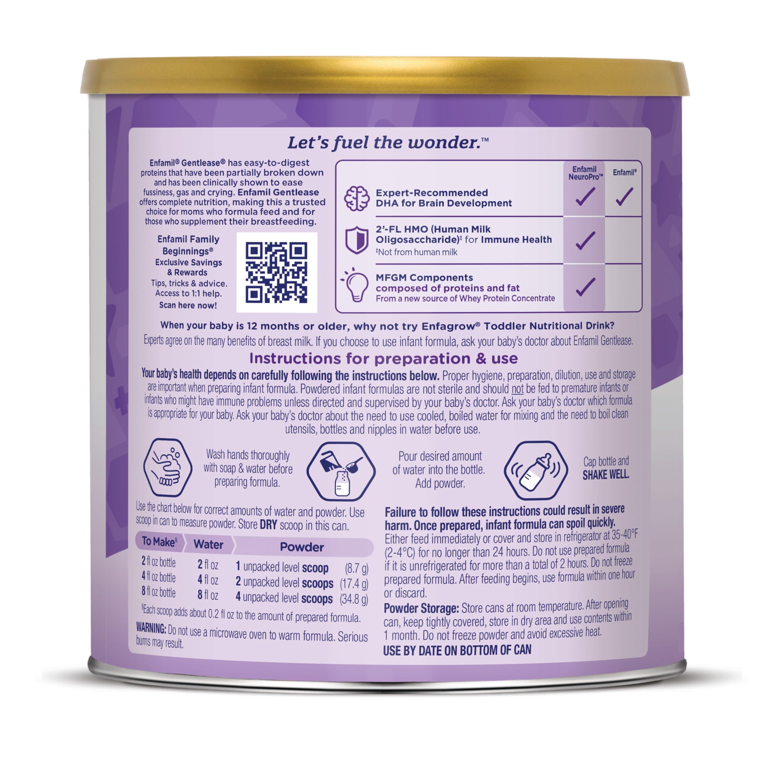 Enfamil Gentlease nutrition label notes iron and vitamins for growth.