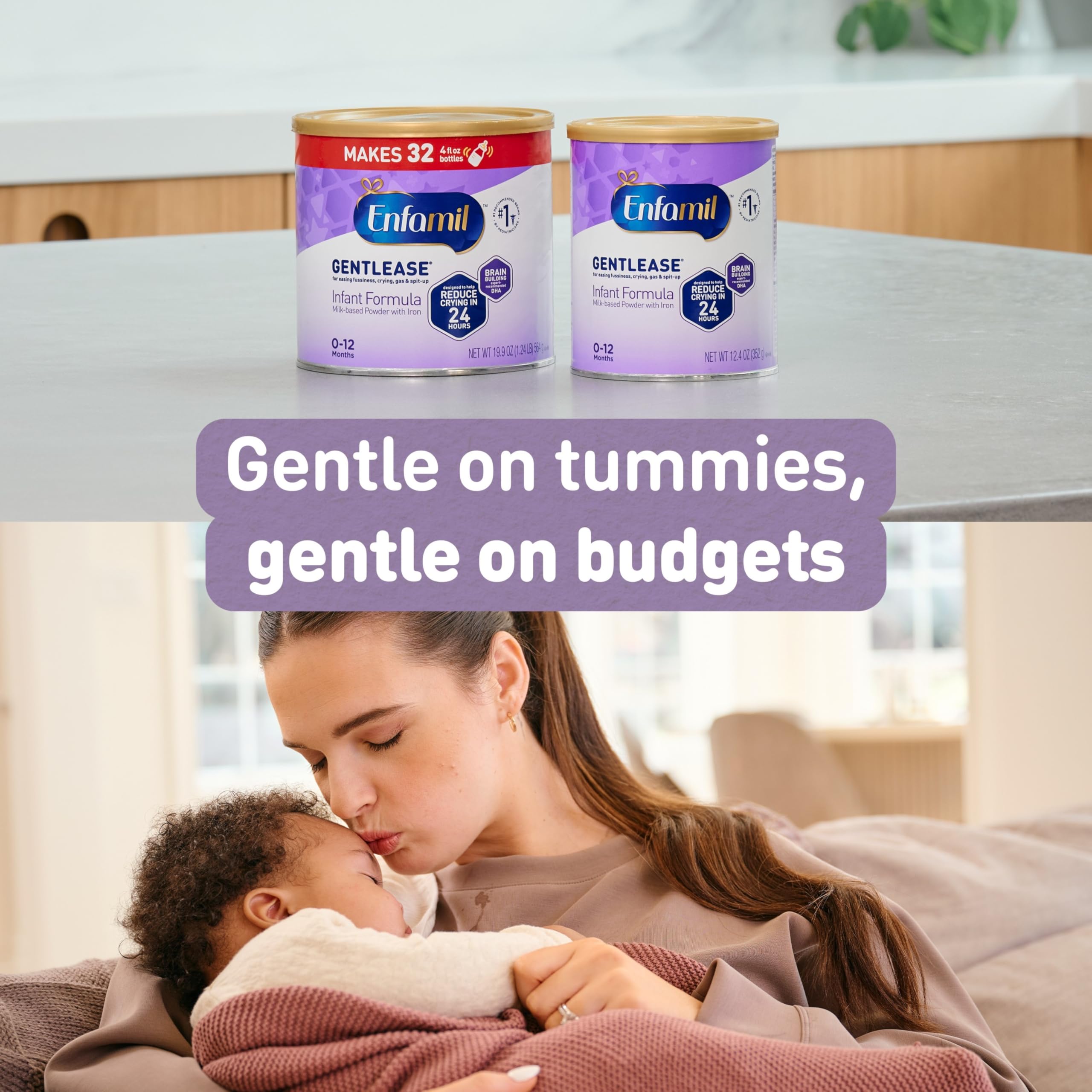 Enfamil Gentlease label close-up features DHA and choline for brain support.