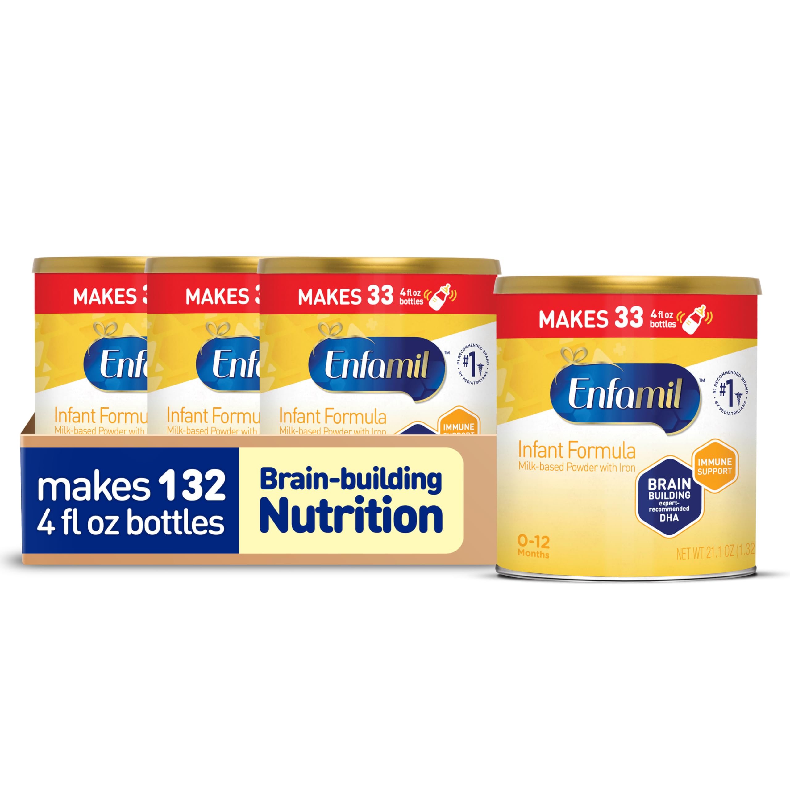 Enfamil Infant formula can front view showing four-pack packaging with iron fortification.