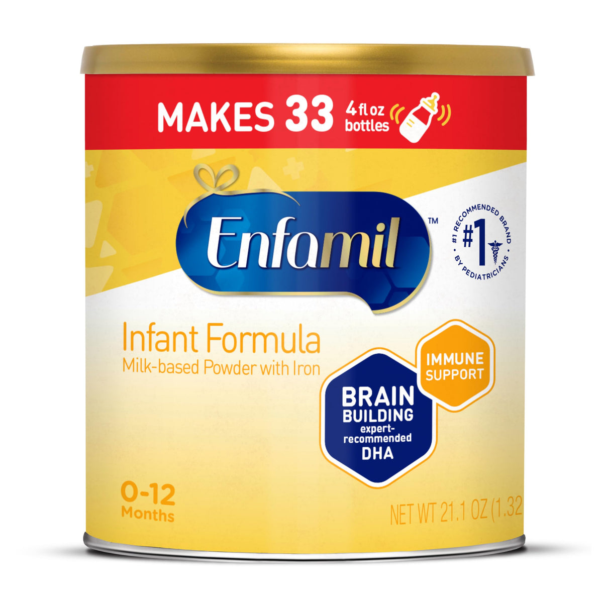 Enfamil Infant formula powder can showcasing iron-fortified nutrition for babies.