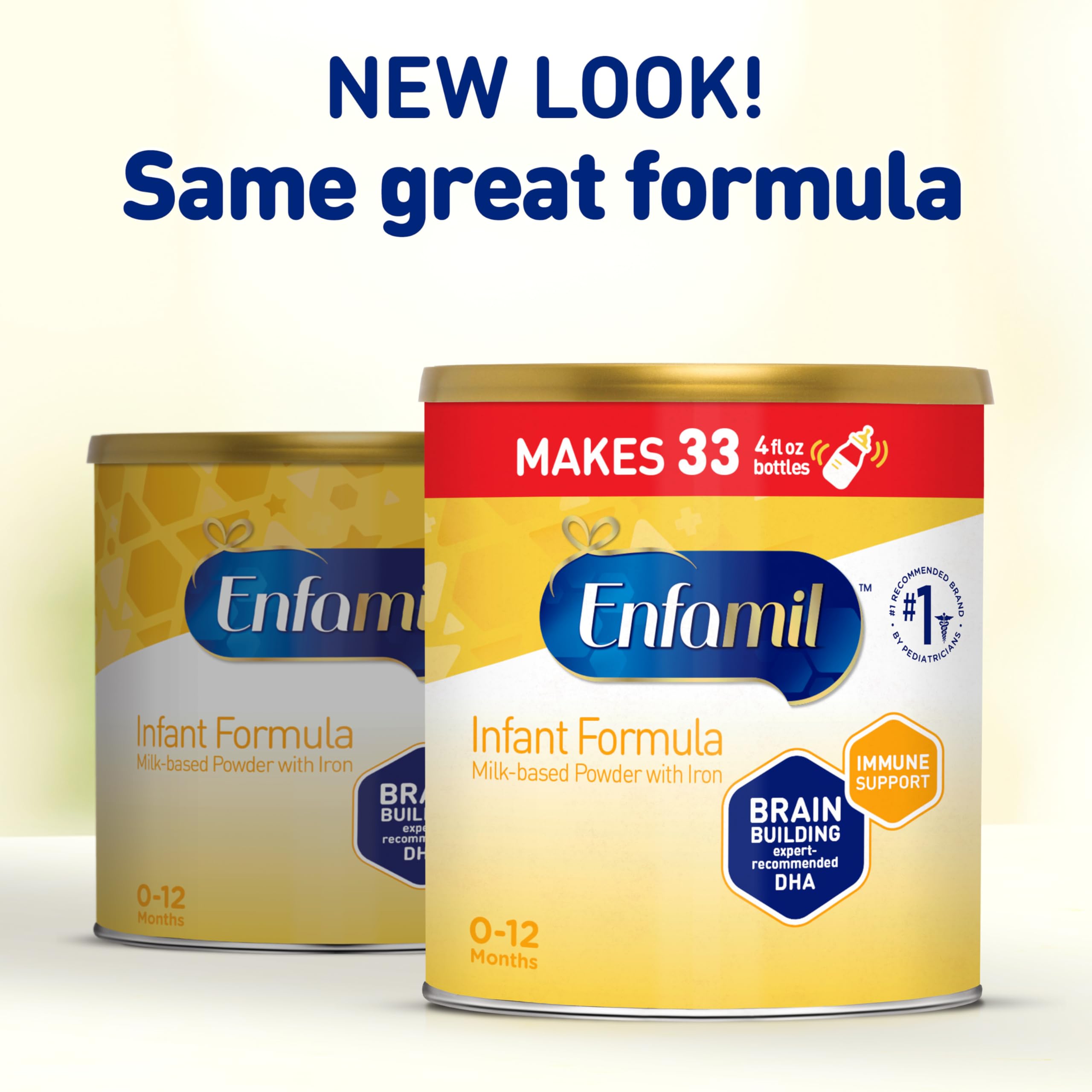 Enfamil Infant ingredients panel highlights DHA and choline for brain development.