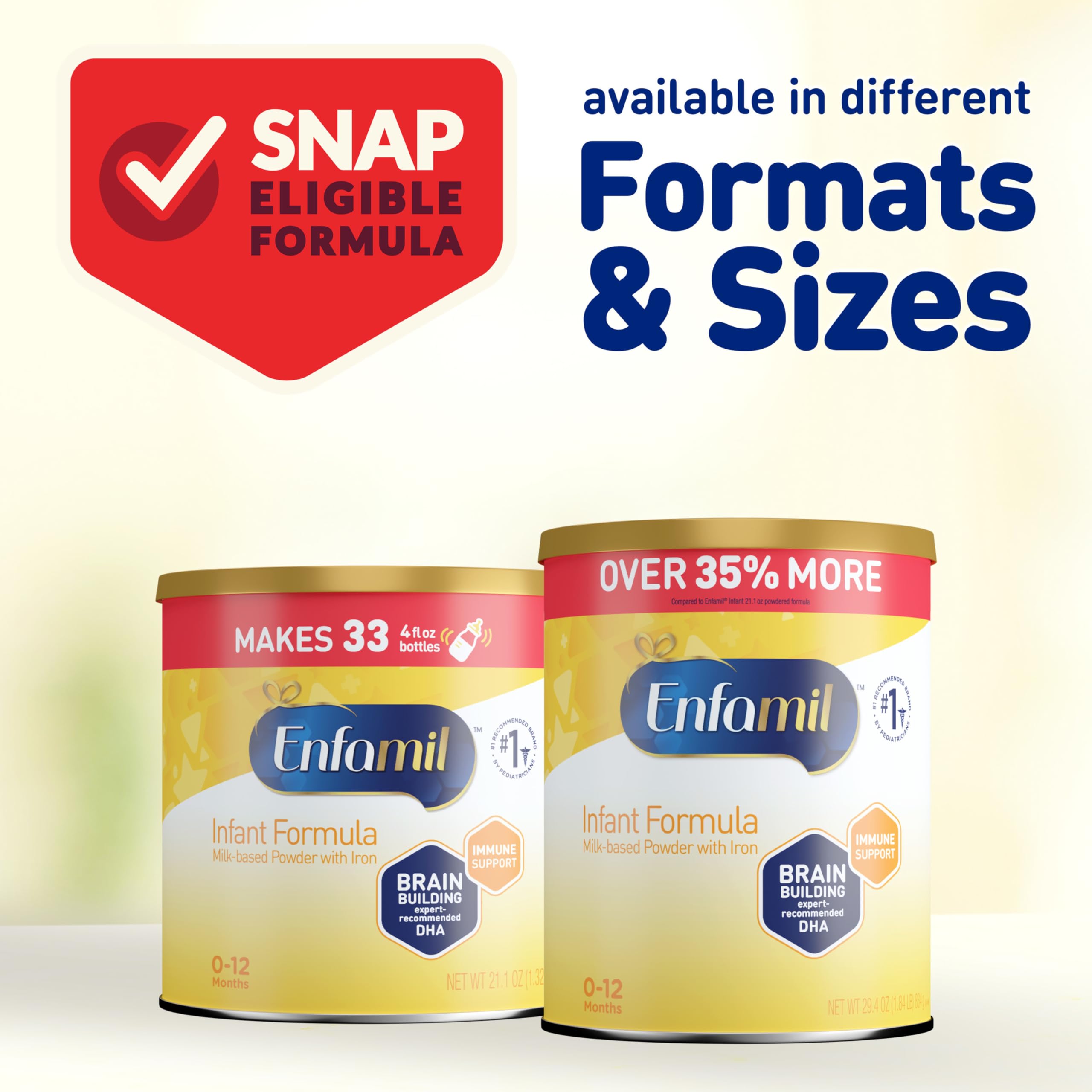Snapshot of Enfamil Infant packaging noting iron fortification and dual-prebiotic blend.