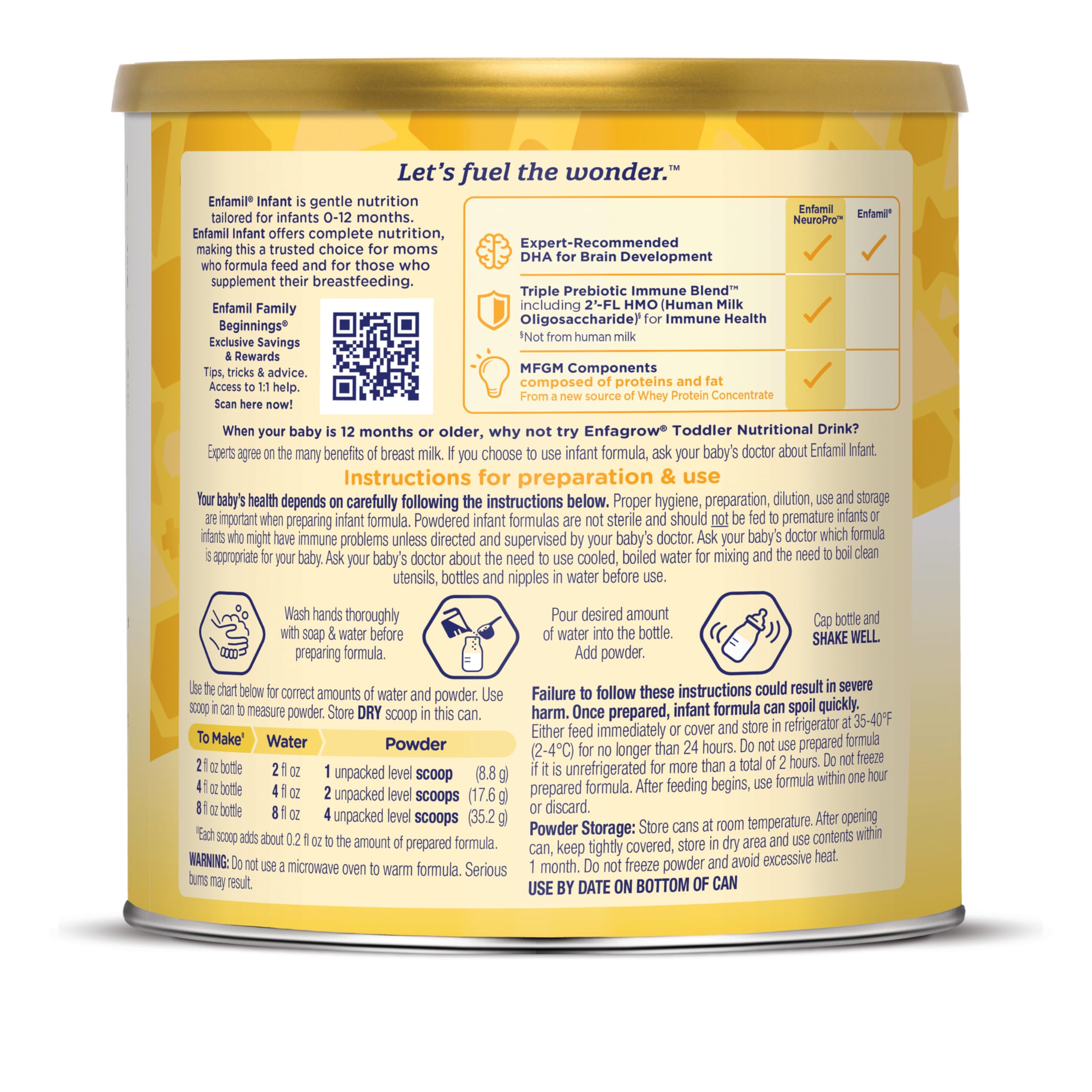 Enfamil no added sugar gluten-free claim visible on packaging.