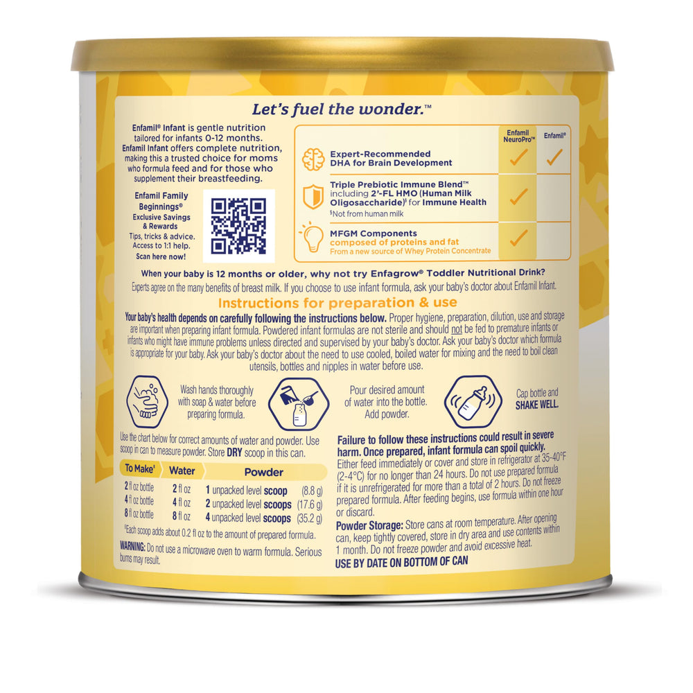 Enfamil no added sugar gluten-free claim visible on packaging.