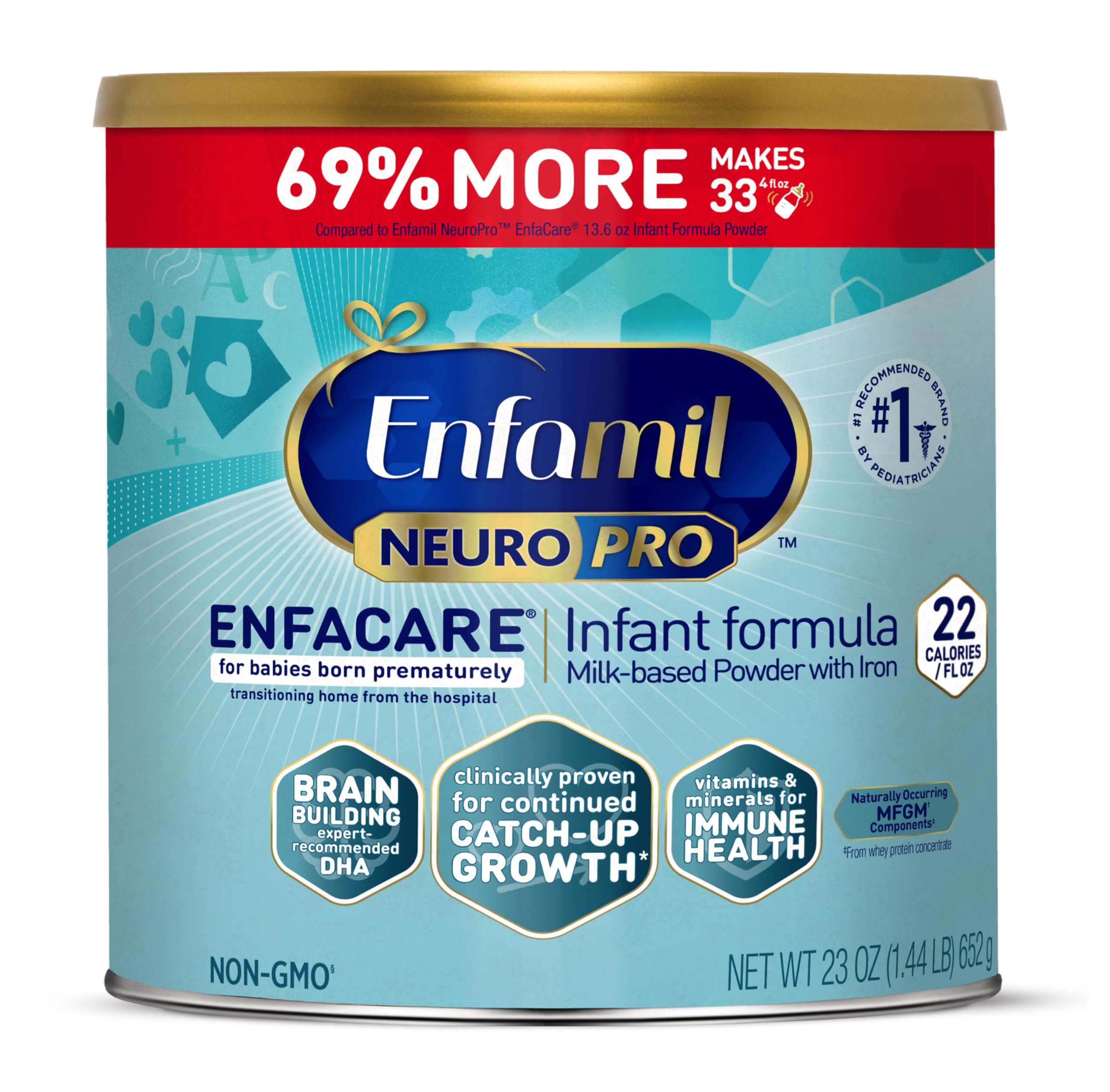 Enfamil NeuroPro EnfaCare 23oz can on shelf for premature infant nutrition
