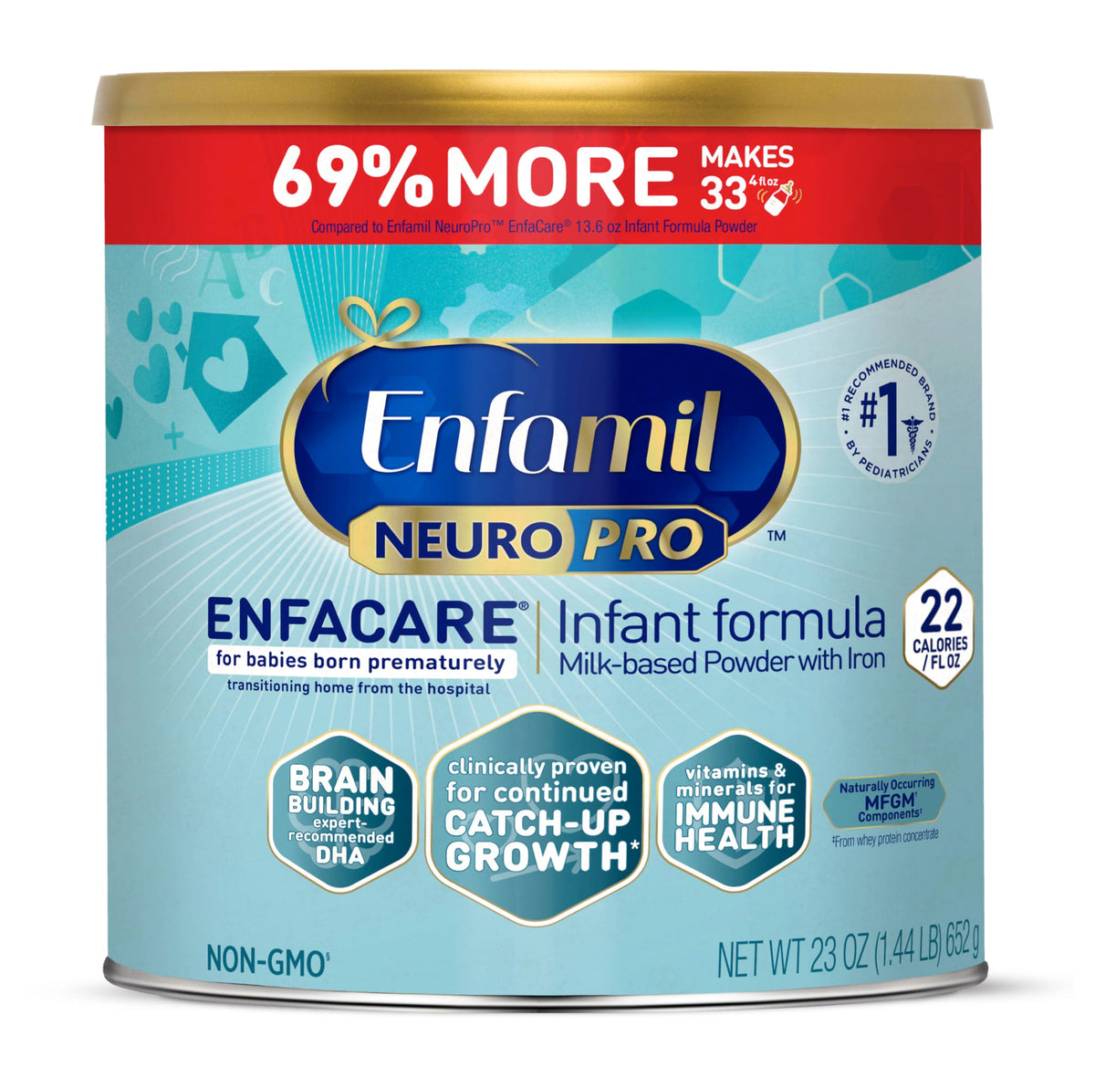 Enfamil NeuroPro EnfaCare 23oz can on shelf for premature infant nutrition