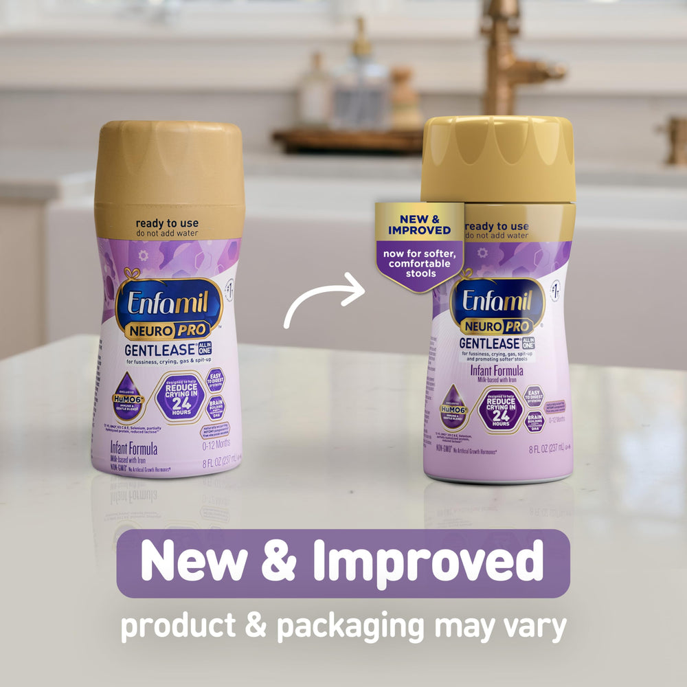 Close-up of Enfamil NeuroPro Gentlease label highlighting DHA and MFGM ingredients