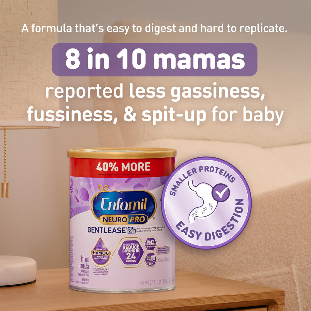 Enfamil NeuroPro Gentlease can-pack shows 27.4 oz cans for steady supply
