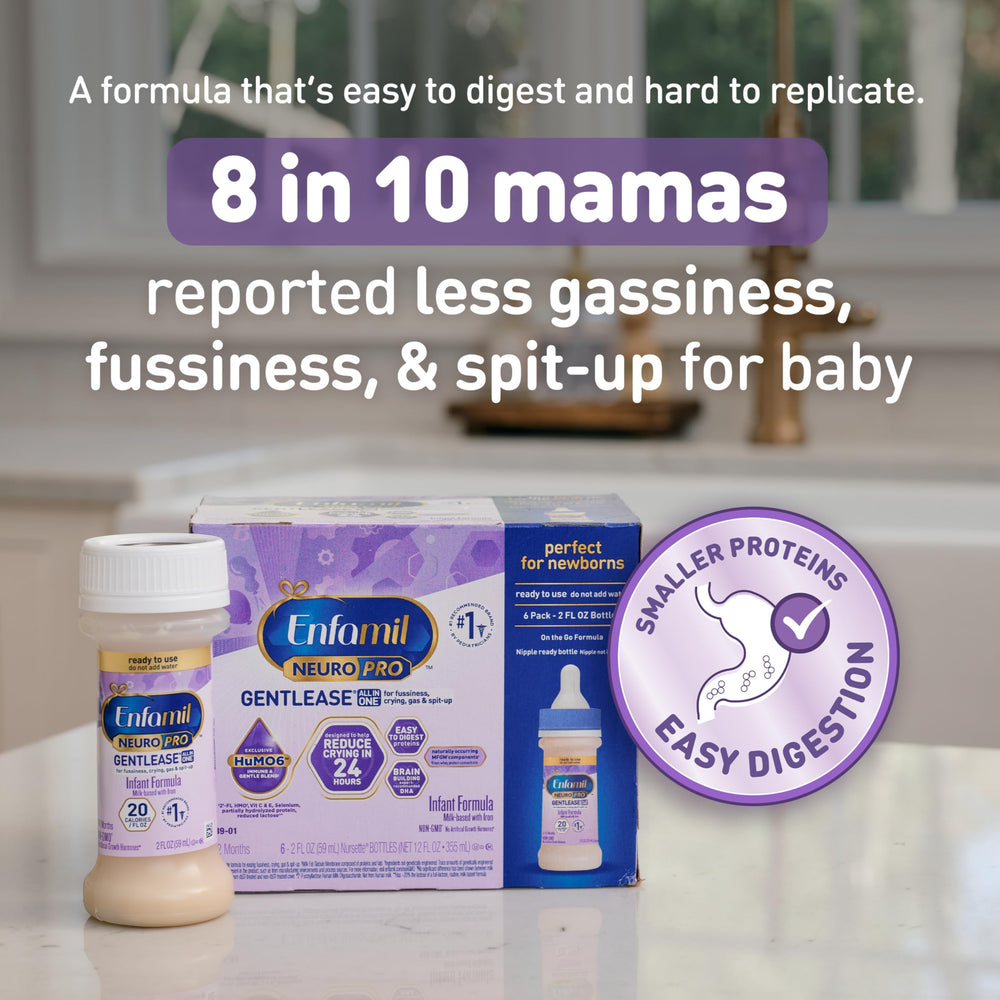 Enfamil NeuroPro Gentlease with MFGM highlights a brain-friendly blend for gentle digestion.