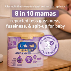 Enfamil NeuroPro Gentlease nutrition panel highlights DHA and prebiotics.