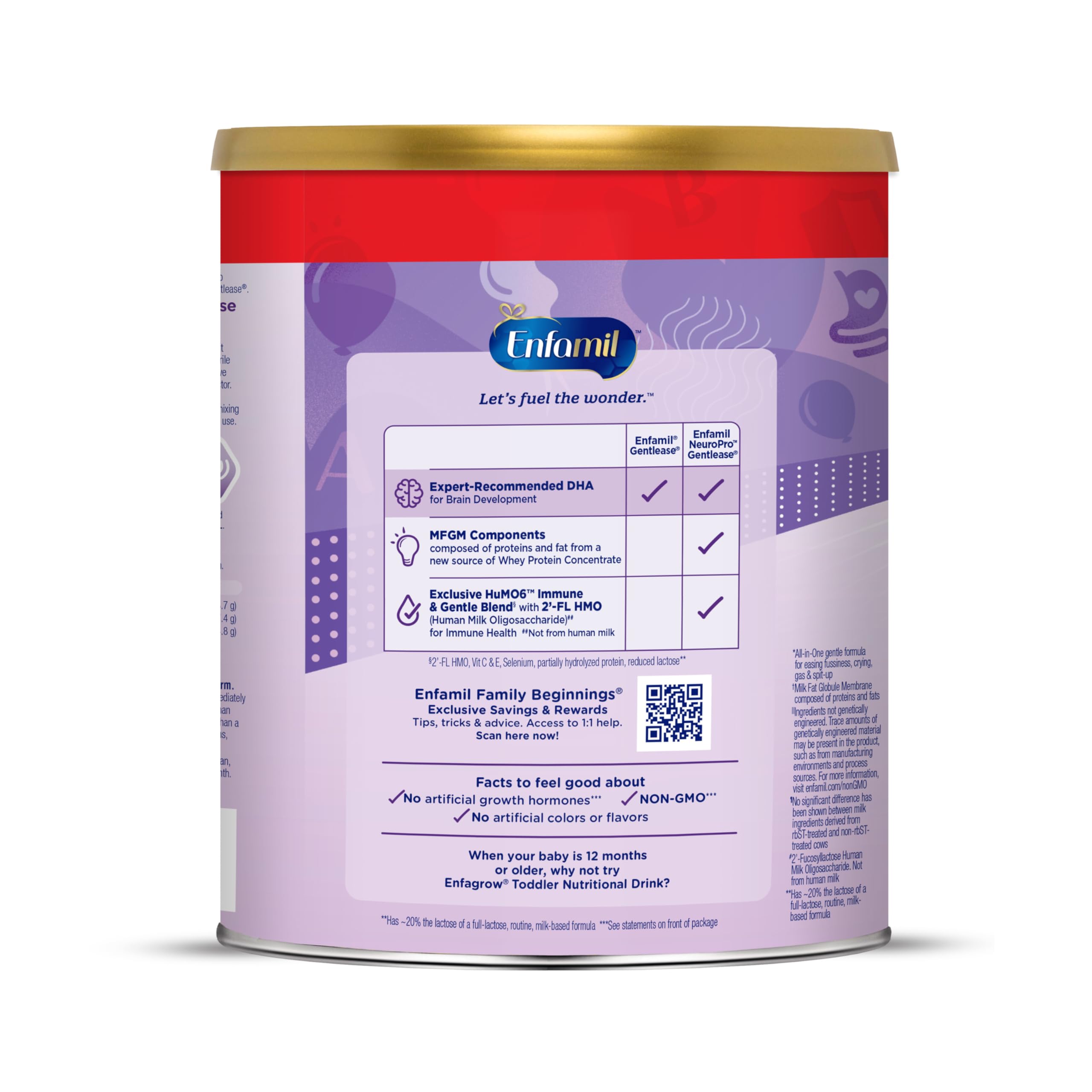 Enfamil NeuroPro Gentlease packaging highlights 24-hour digestive comfort claim