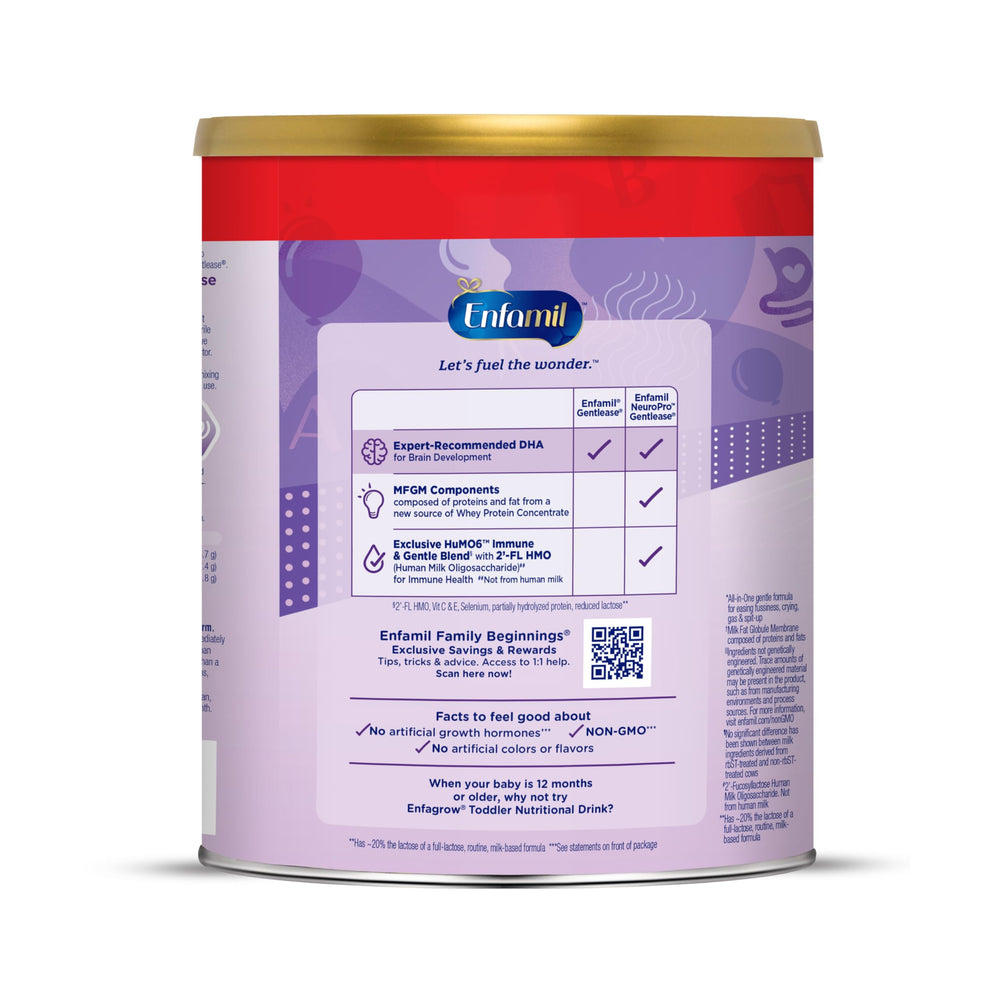 Enfamil NeuroPro Gentlease packaging highlights 24-hour digestive comfort claim