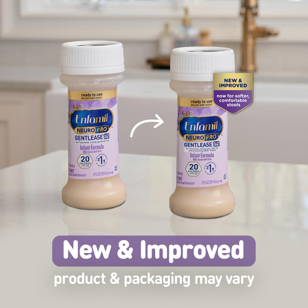 Enfamil NeuroPro Gentlease travel-ready bottle demonstrates convenient feeding on the go.