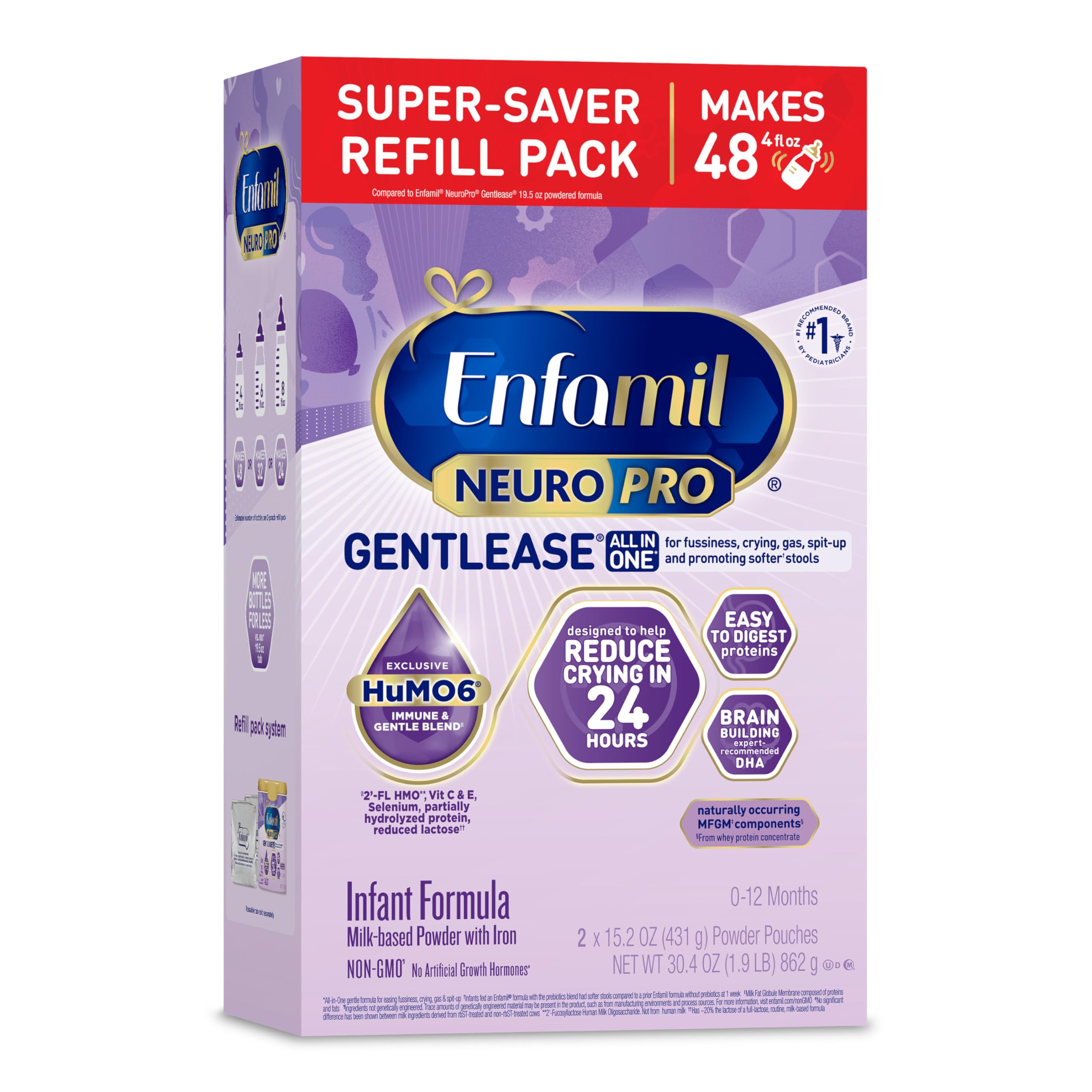 Enfamil NeuroPro Gentlease tub front showing digestive-friendly formula for tiny tummies.