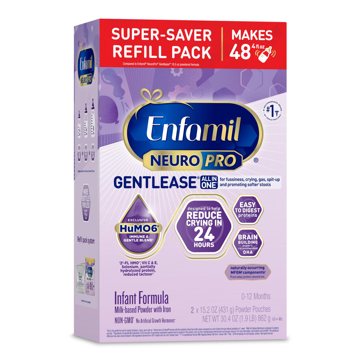 Enfamil NeuroPro Gentlease tub front showing digestive-friendly formula for tiny tummies.