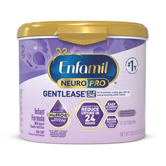 Enfamil NeuroPro Gentlease tub label highlighting packaging and nutrition benefits