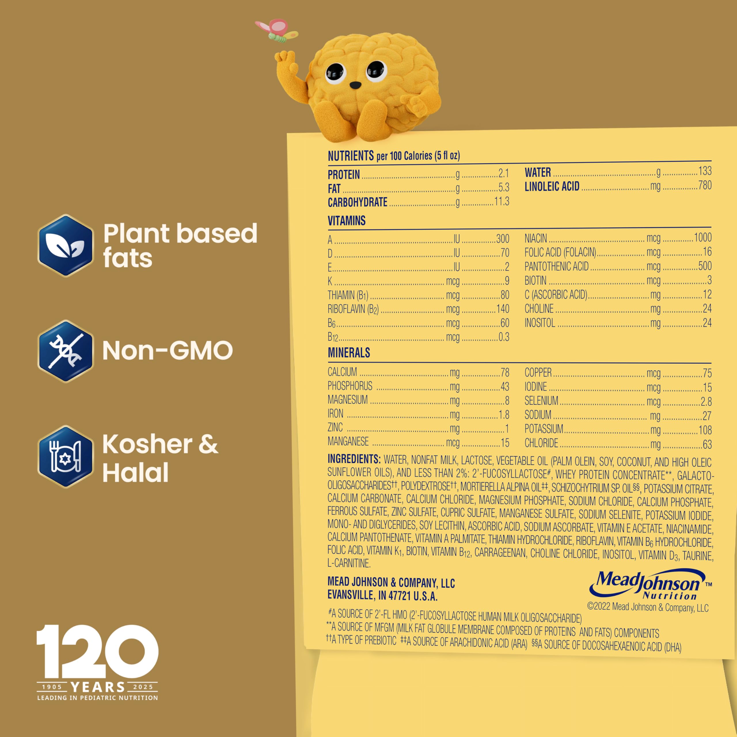 Nutrition chart on NeuroPro label with iron and prebiotics