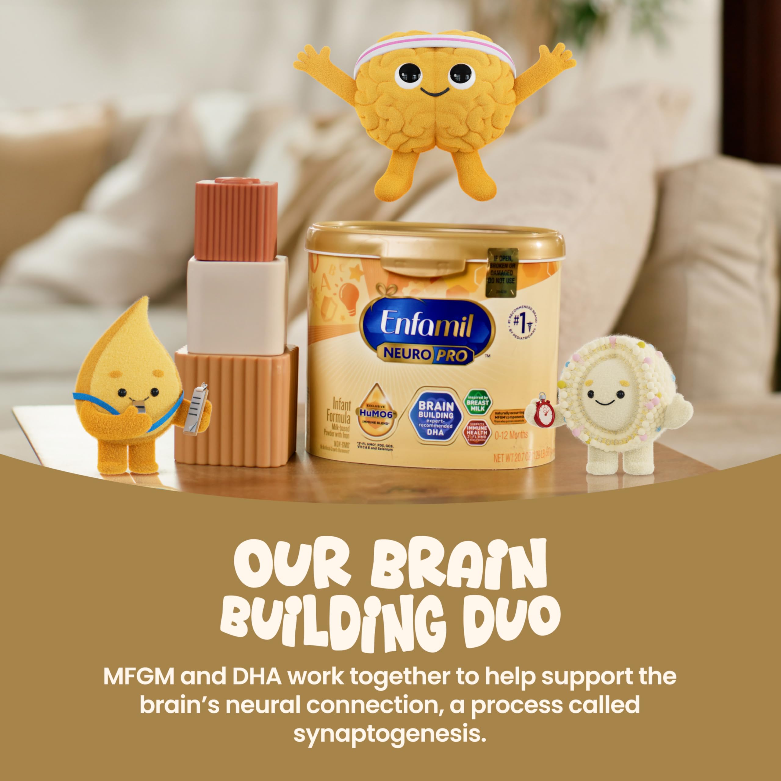 Display of Enfamil NeuroPro pack of six bottles for family use.