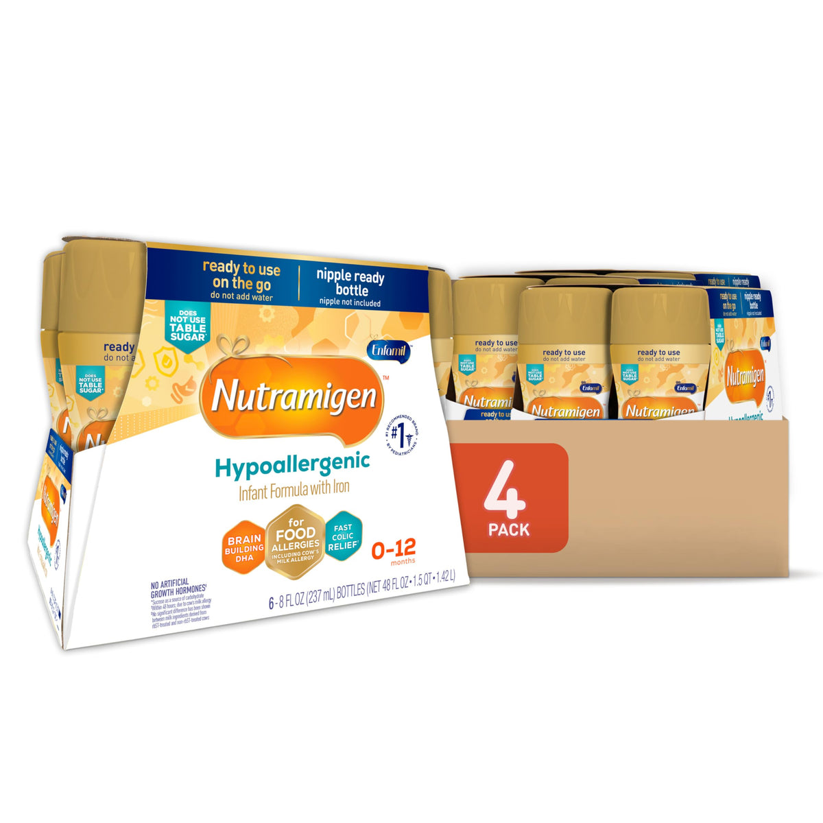 Enfamil Nutramigen bottle pour demonstrates lactose-free hypoallergenic formula for gentle digestion.