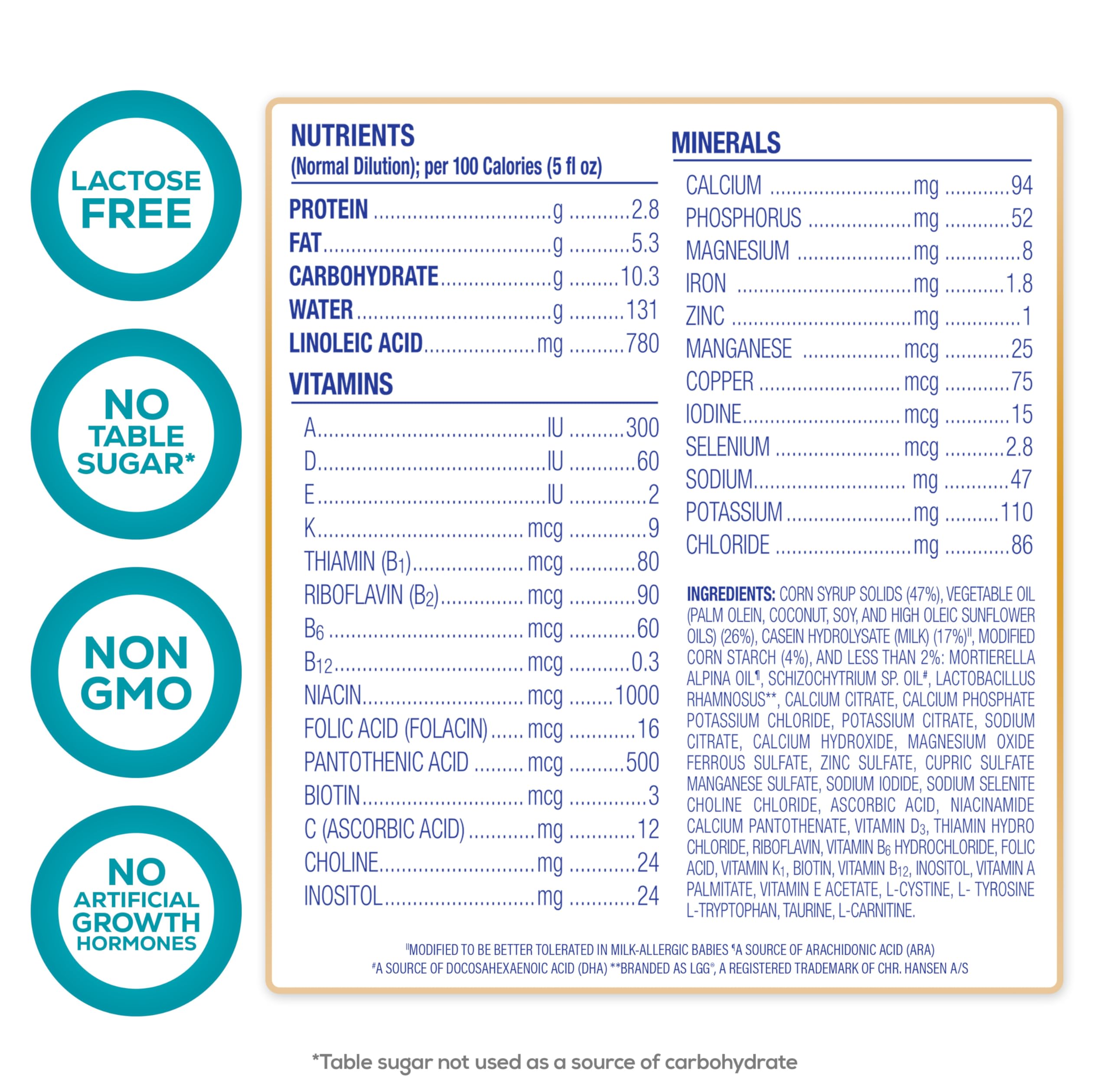 Nutramigen carton highlights lactose-free hypoallergenic formula for gentle digestion