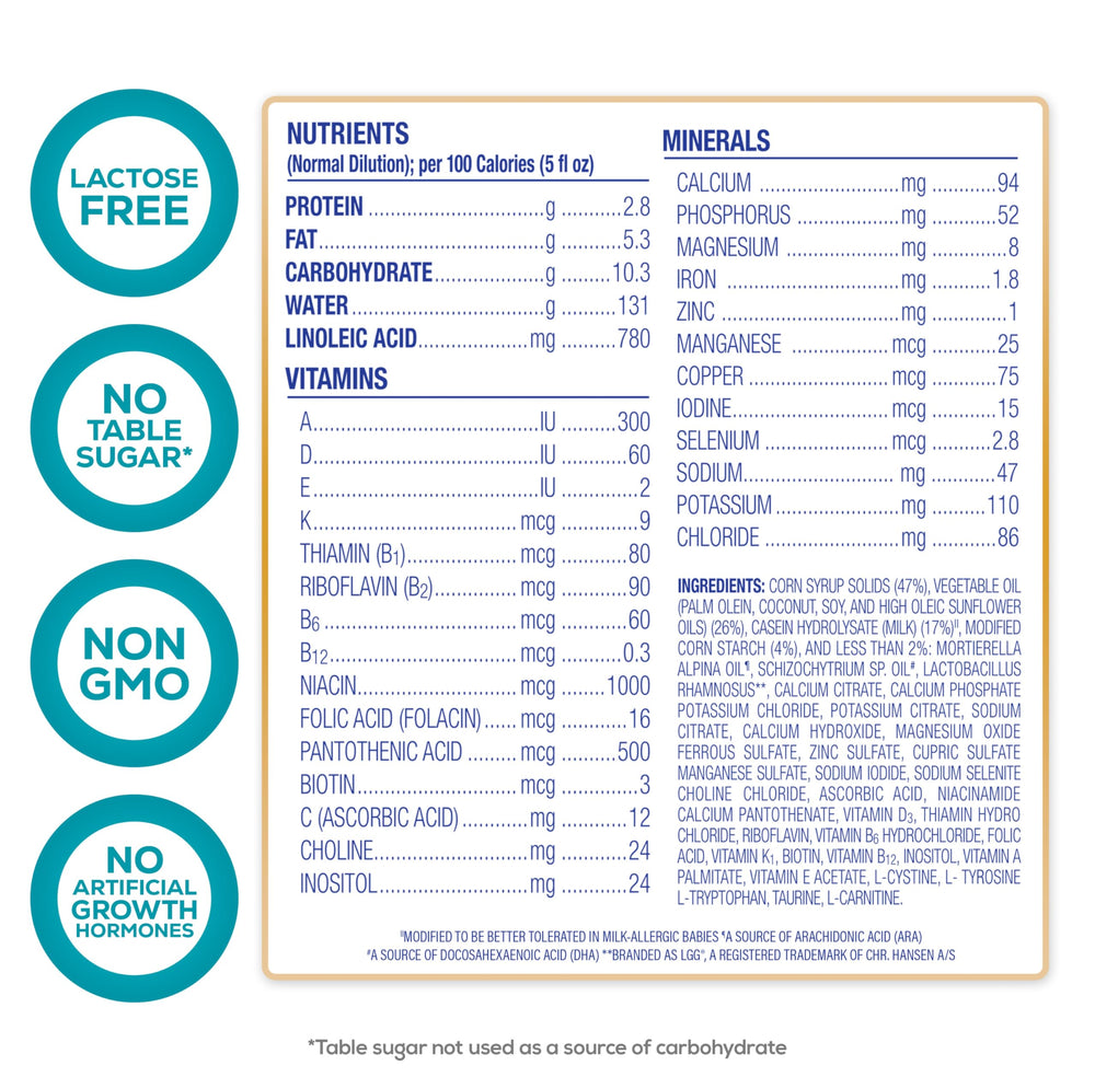 Nutramigen carton highlights lactose-free hypoallergenic formula for gentle digestion