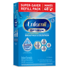 Enfamil Optimum bottle pour highlighting lactoferrin for immune support.