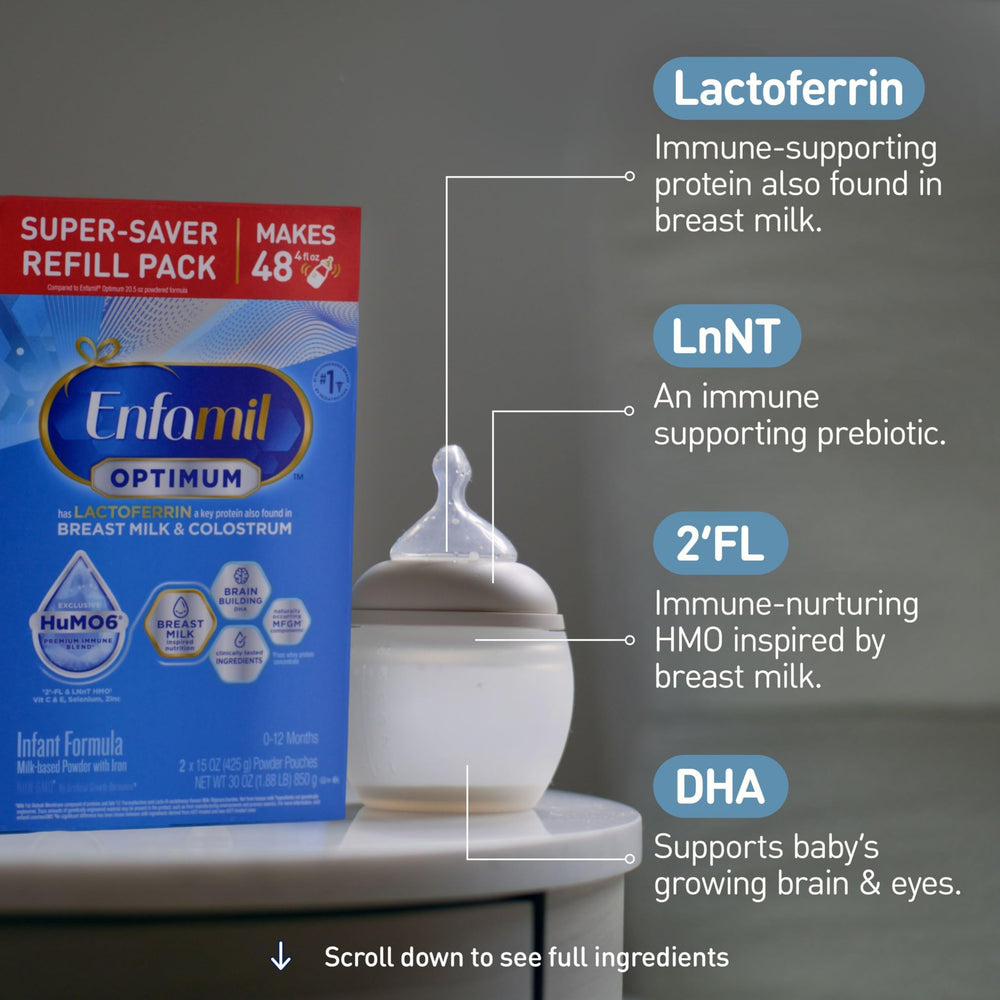 Enfamil Optimum case pack on a kitchen counter for easy stocking.