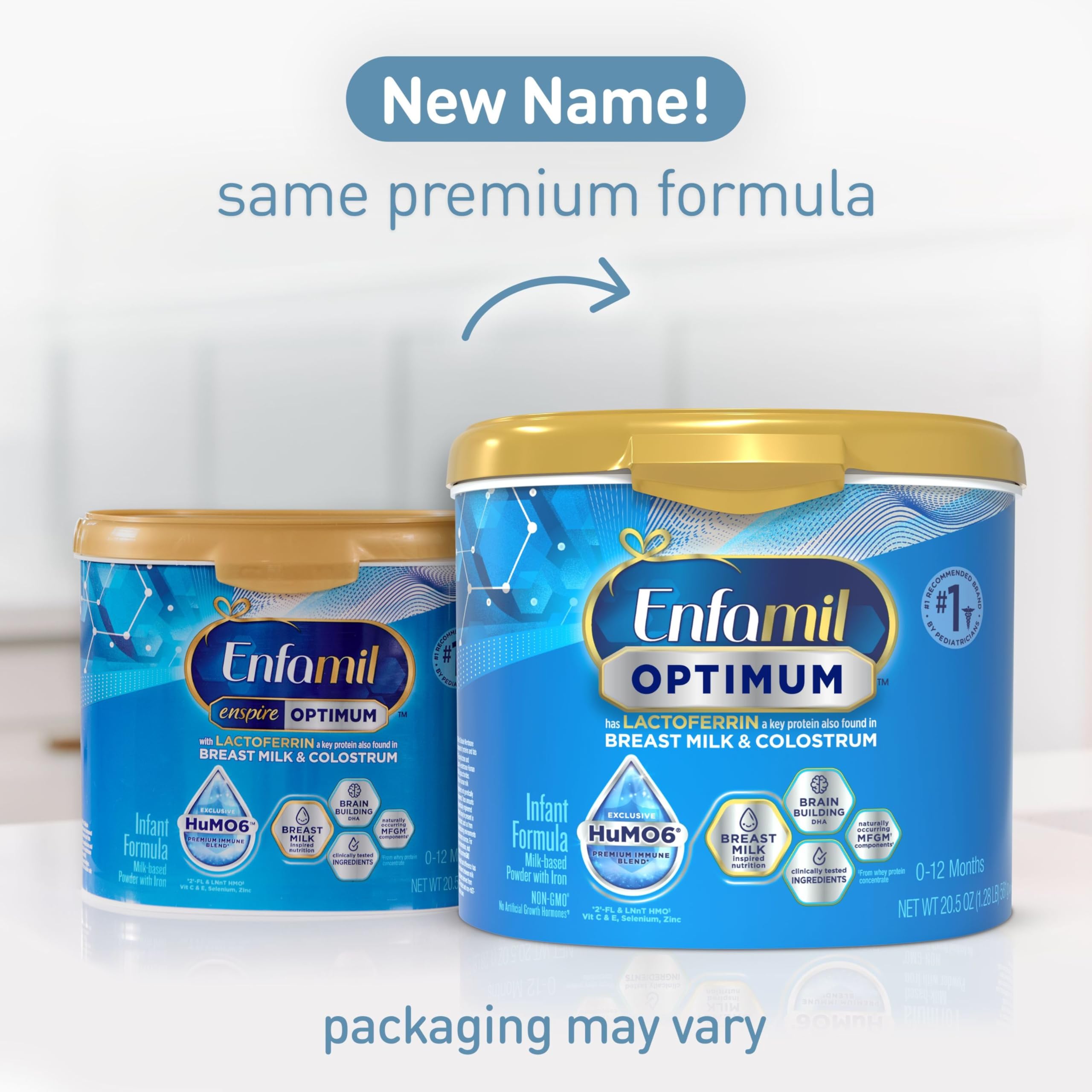 Enfamil Optimum tub shows closest formula to breast milk.