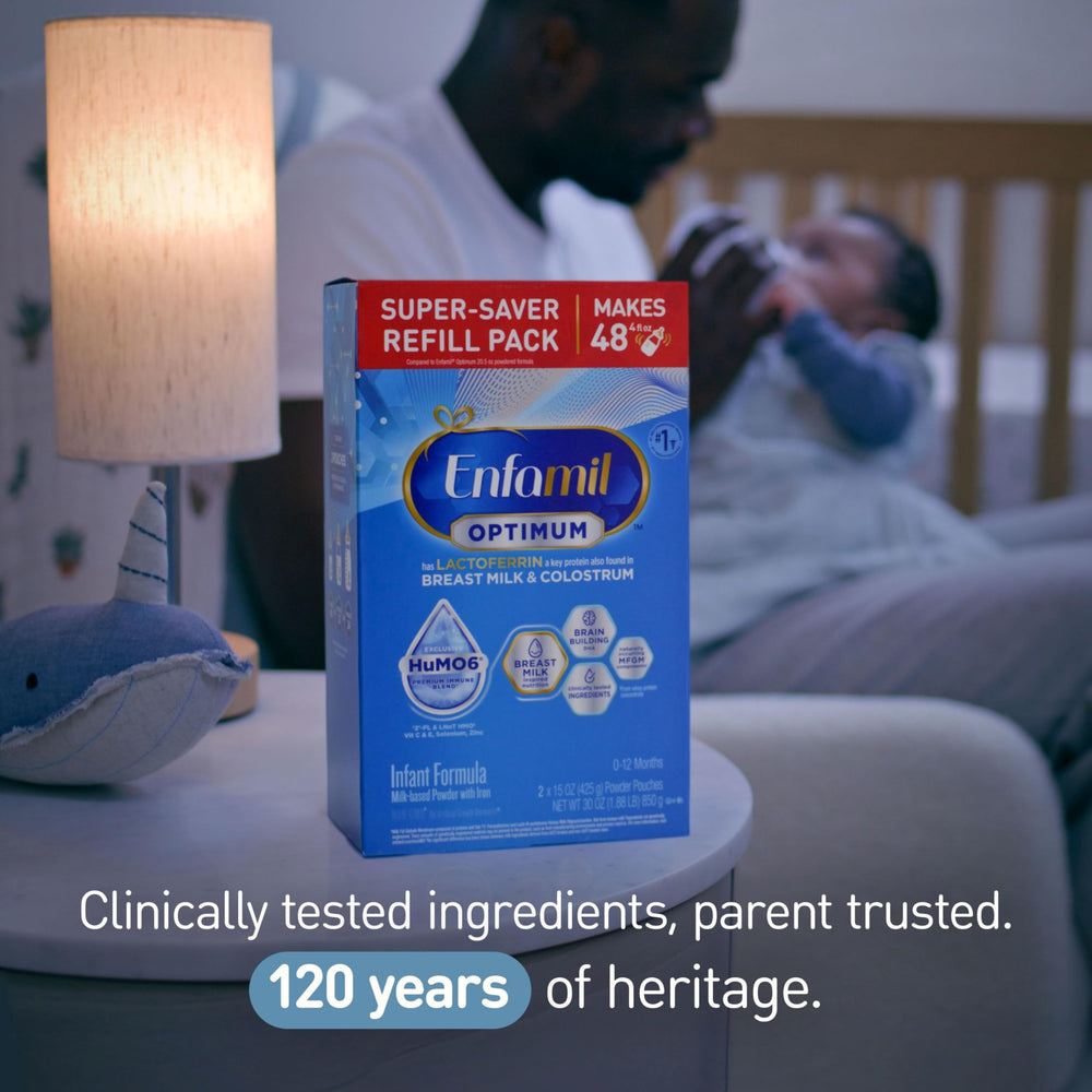 DHA-rich Enfamil Optimum supporting brain development visuals.