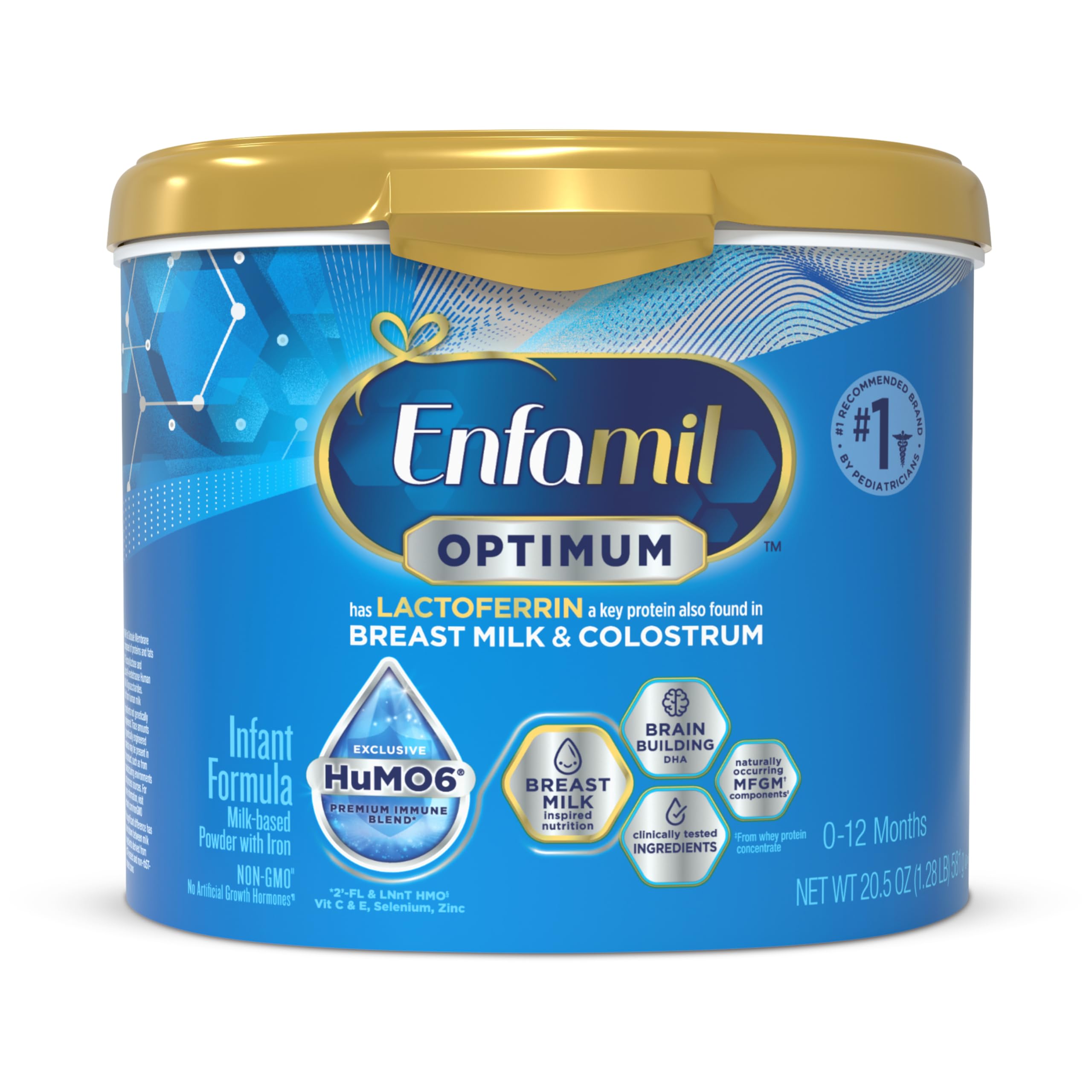 Enfamil Optimum bottle featuring lactoferrin for immune support.