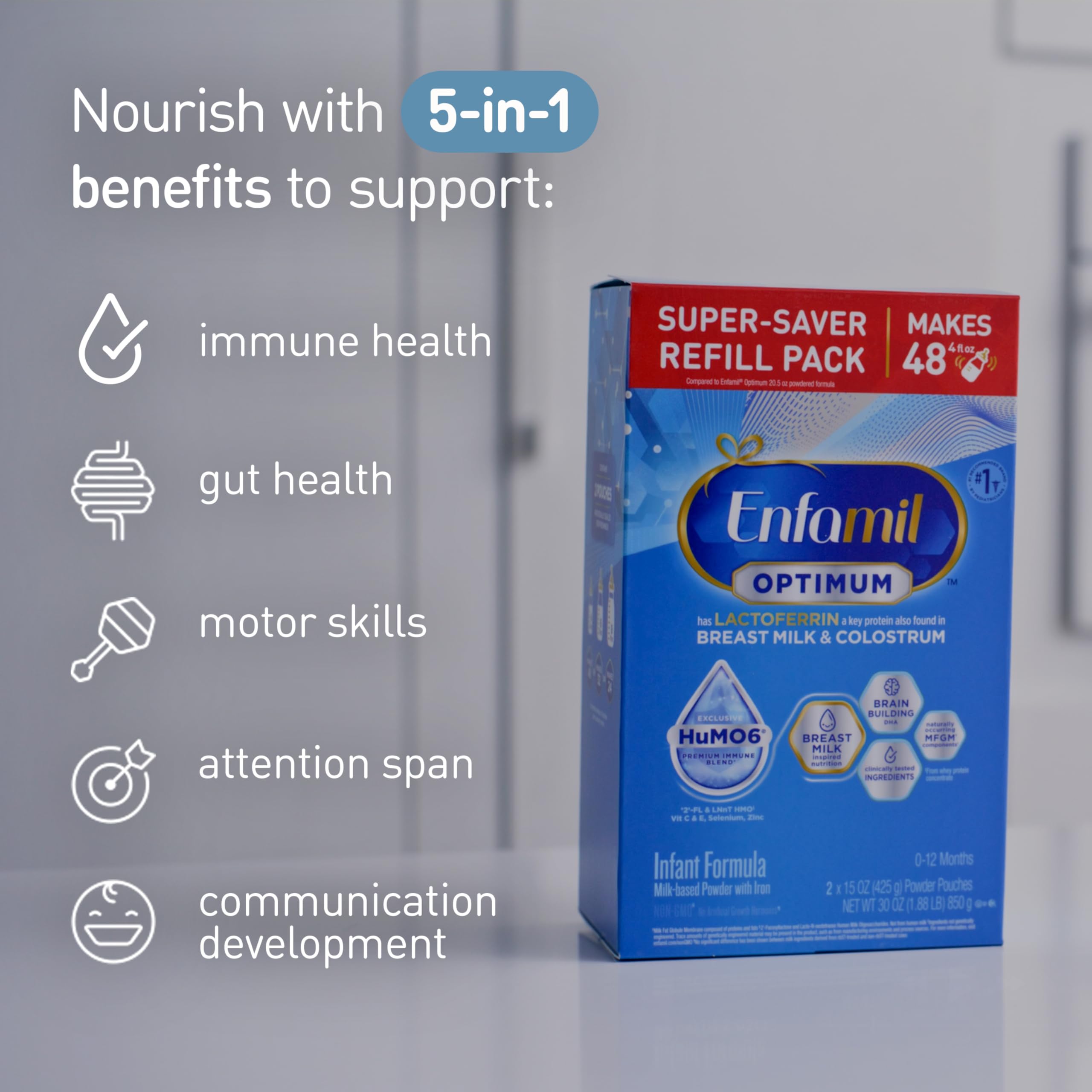 Lactoferrin-containing Enfamil Optimum for immune-supporting nourishment.