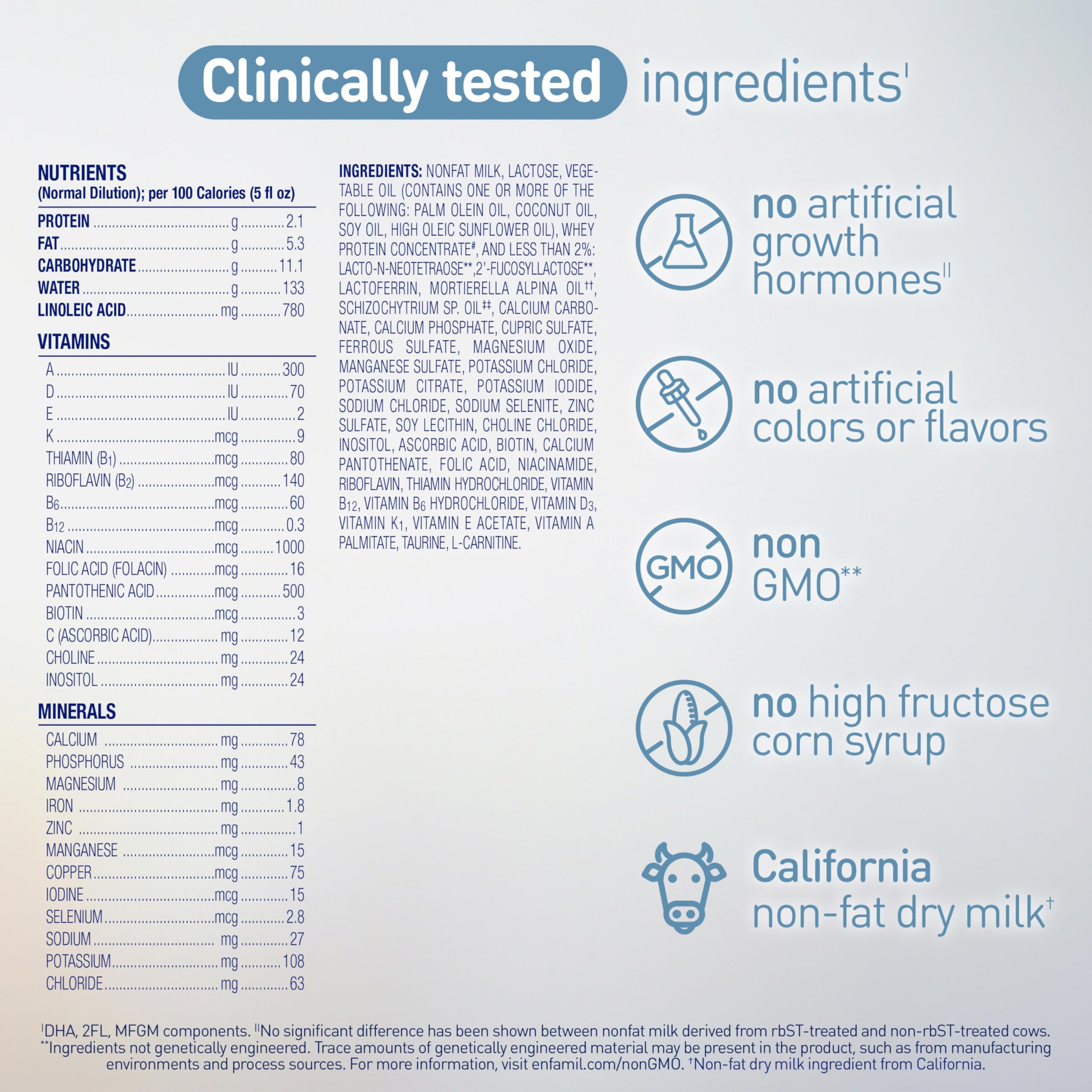 Enfamil Optimum product shot emphasizing non-GMO status and no artificial colors.