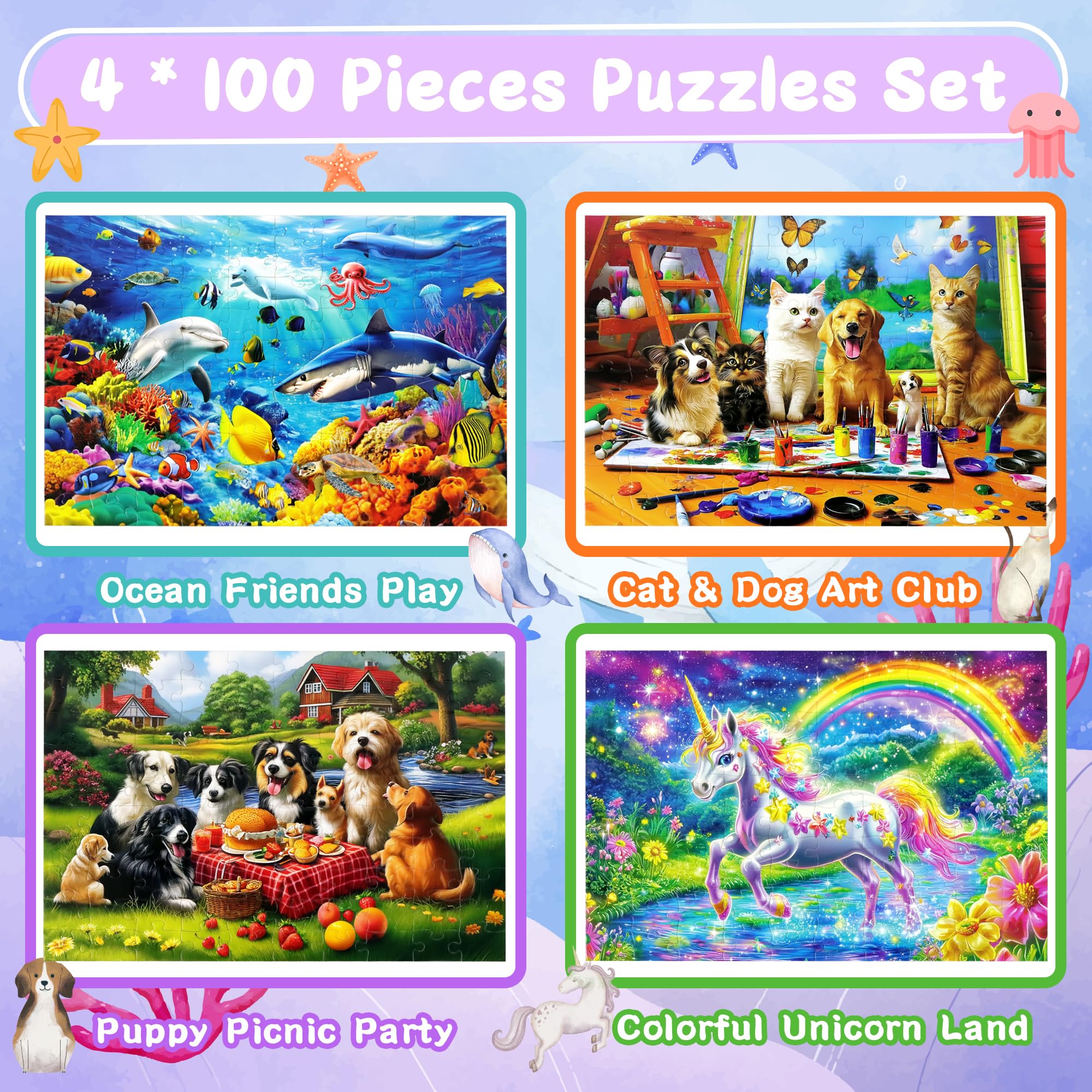 Engfa Cat & Dog Art Club 100-piece puzzle enhances concentration with bright visuals.