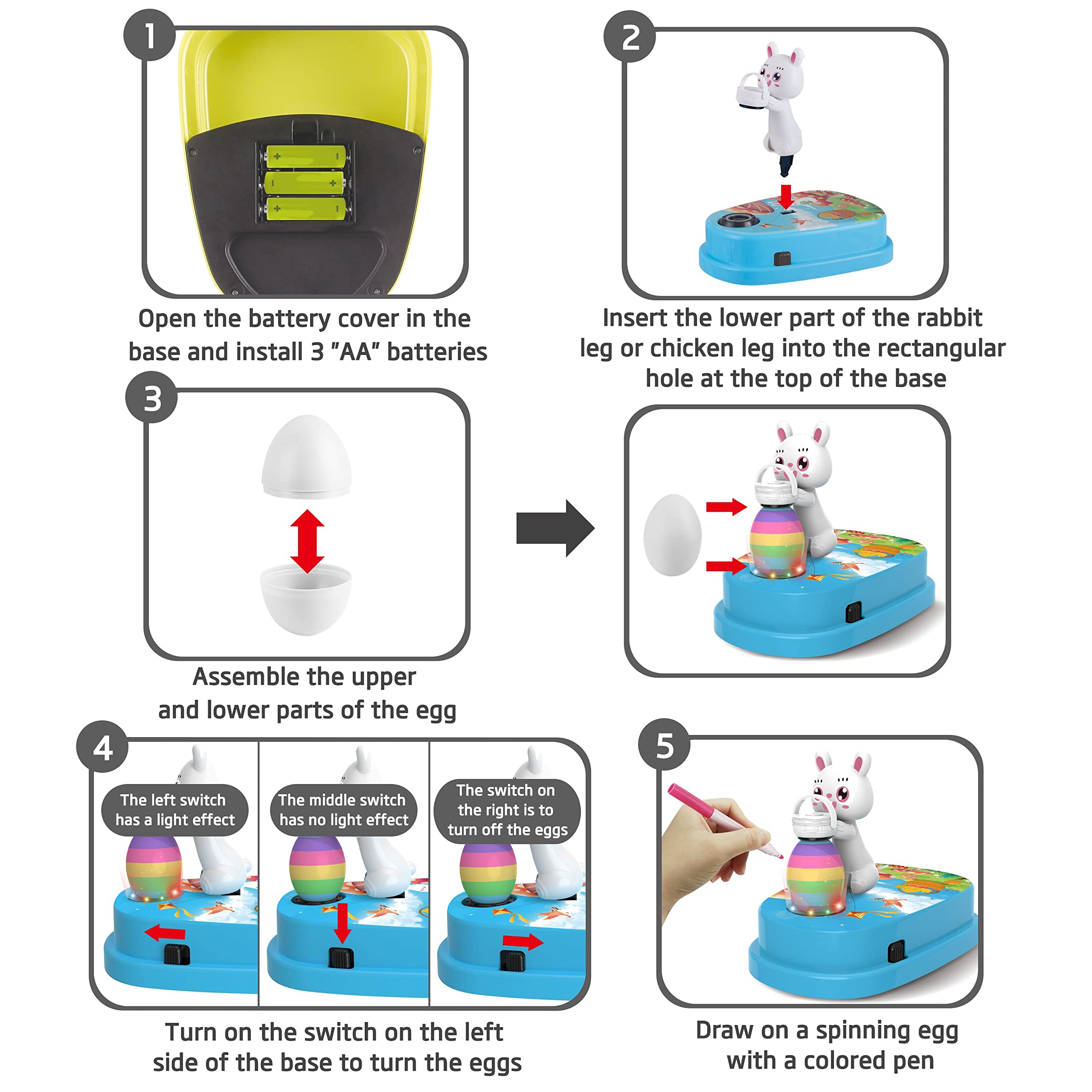 Engfa egg spinner requires 3 AA batteries for smooth rotation.
