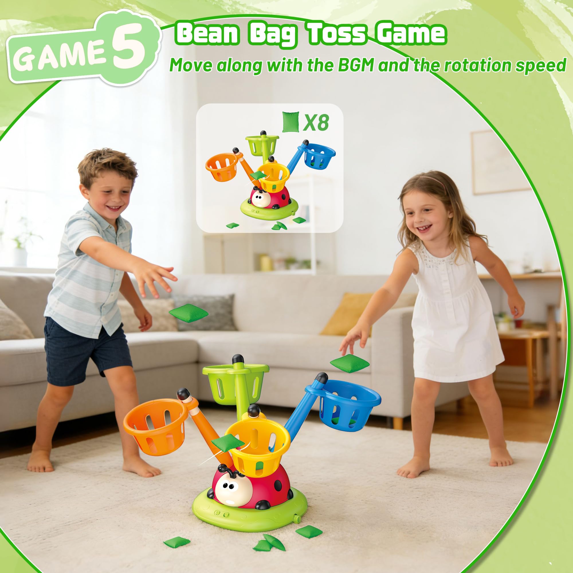 Engfa toss ring and bean bag game enhances hand-eye coordination.