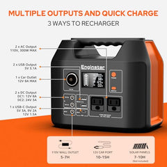 EnginStar charging options highlight AC, USB, and DC ports.