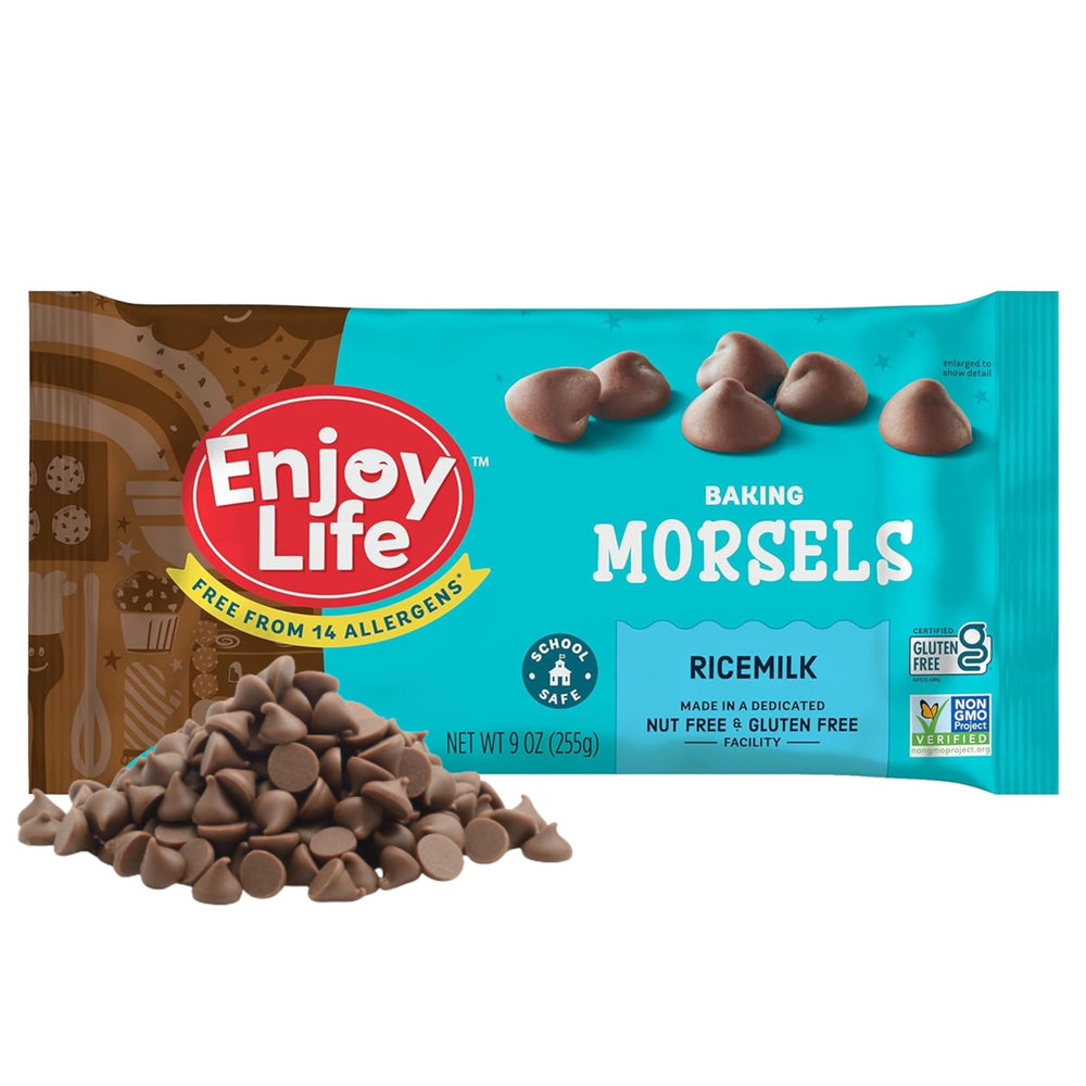 Enjoy Life Ricemilk Morsels bag front showing dairy-free chocolate chips for baking.