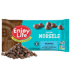 Enjoy Life Ricemilk Morsels bag front showing dairy-free chocolate chips for baking.