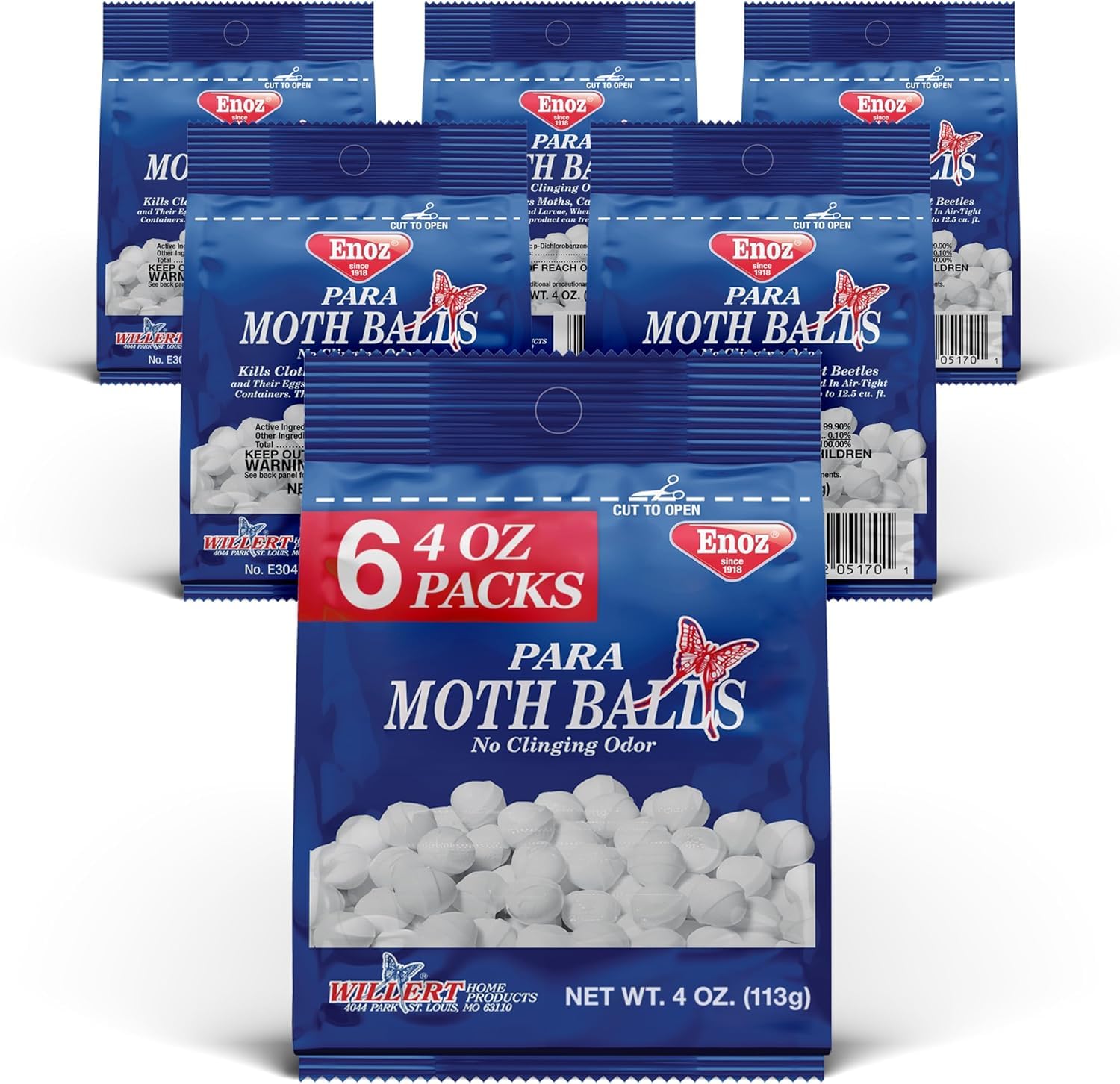 Enoz Moth Balls in a closet storage setup protect fabrics from moths.