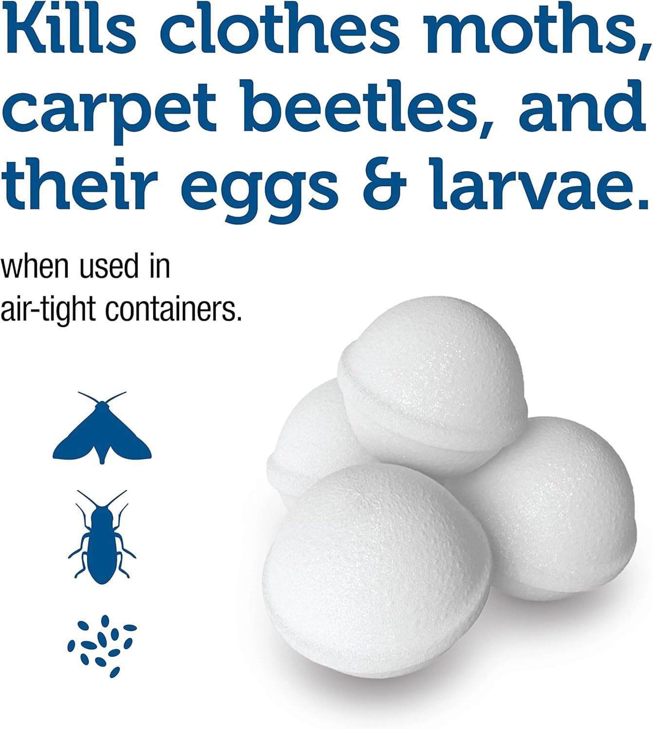 Enoz Moth Balls in a trunk with fabrics show long-term moth prevention.