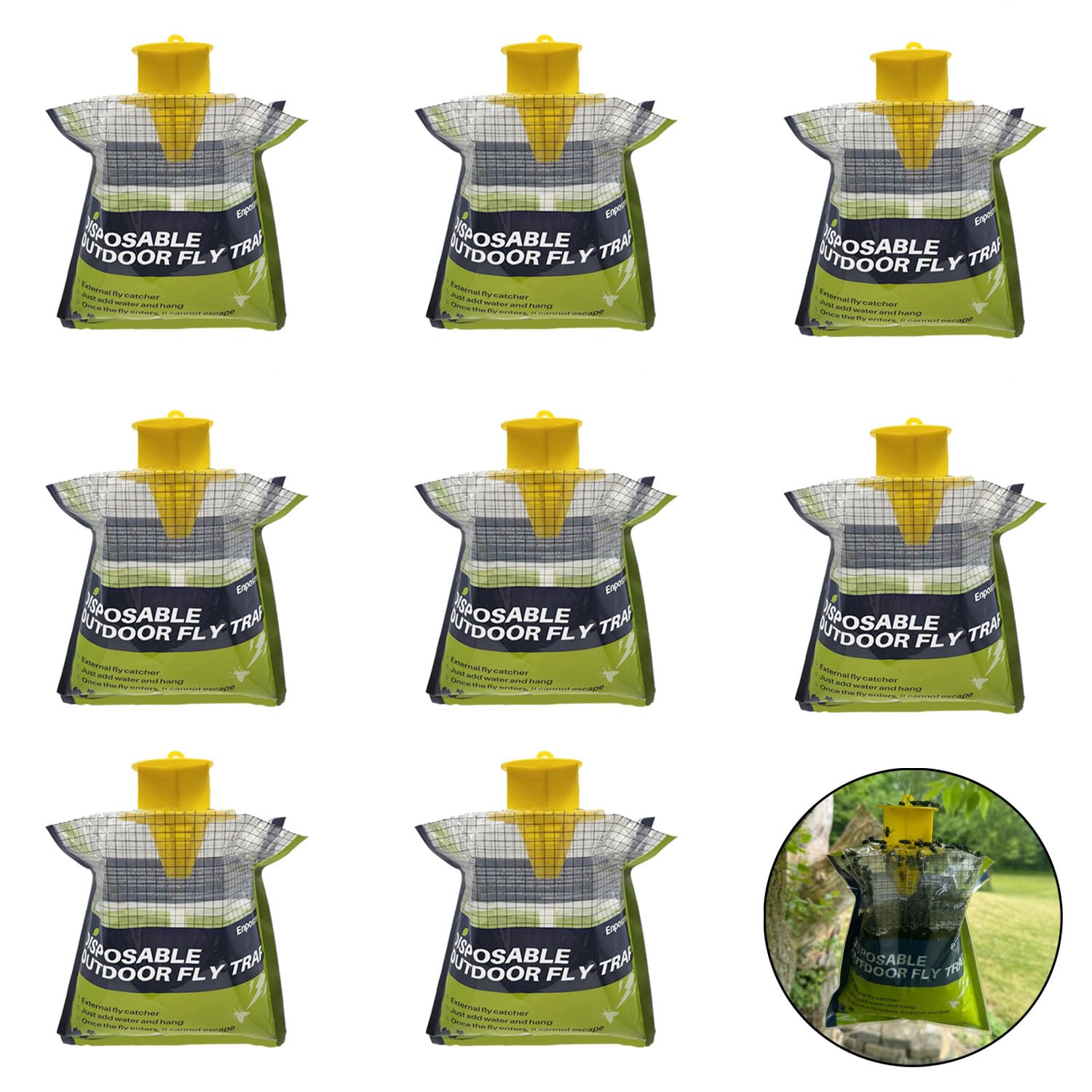 Enposmre 8-pack fly trap hanging outdoors to deter flies around decks and patios.